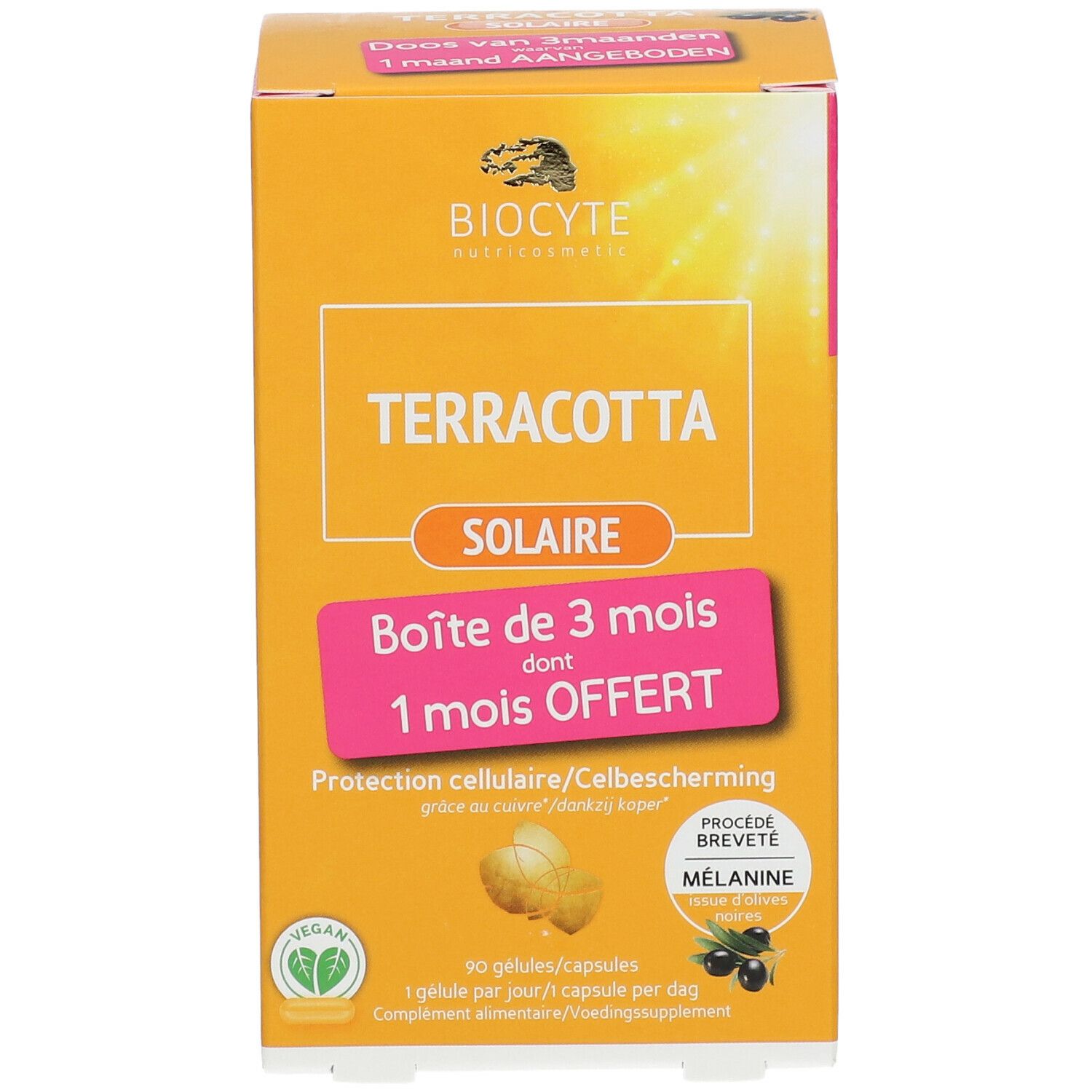 Gelbe Schachtel Terracotta Solaire. Enthält 90 Kapseln. Vegan-Logo. 1 Monat gratis.