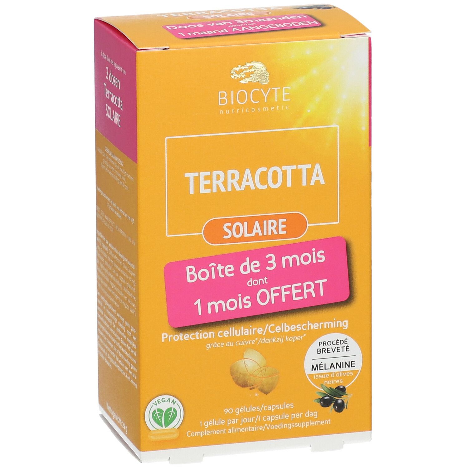 Gelbe Schachtel Terracotta Solaire. Enthält 90 Kapseln. Vegan-Logo. 1 Monat gratis.