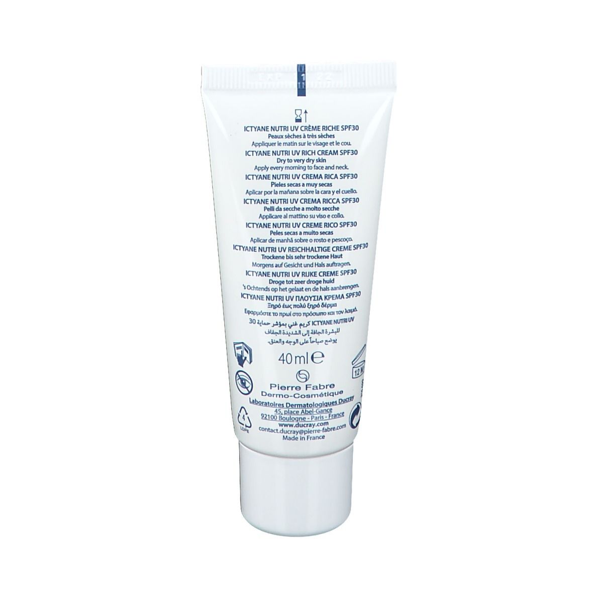 Dos du tube avec texte. Contient 40 ml. Fabricant : Pierre Fabre.