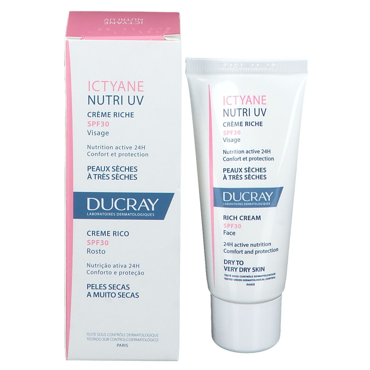 Emballage produit avec tube. Inscription : ICTYANE Nutri UV, crème, SPF 30. Pour peaux sèches.