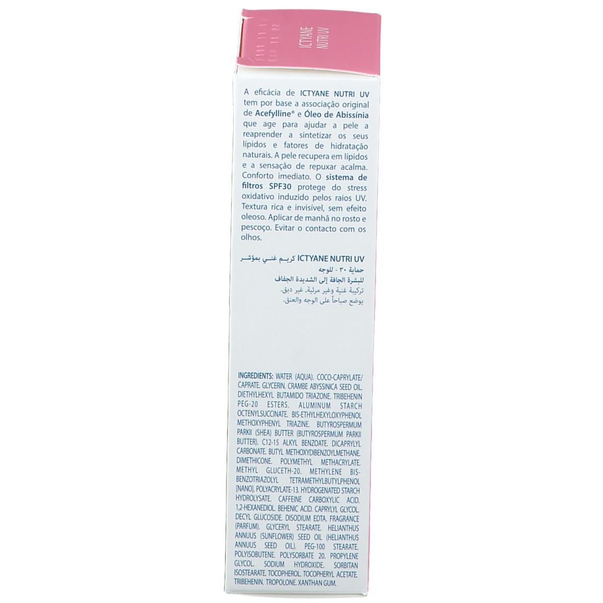 Emballage avec texte. Ingrédients et informations sur ICTYANE Nutri UV.