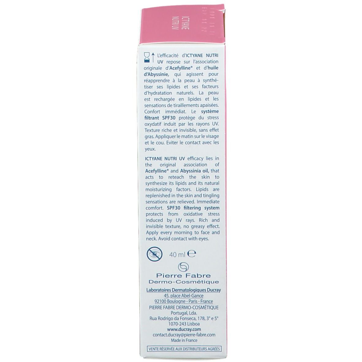 Emballage avec texte. Informations sur ICTYANE Nutri UV, 40 ml. Fabricant : Pierre Fabre.