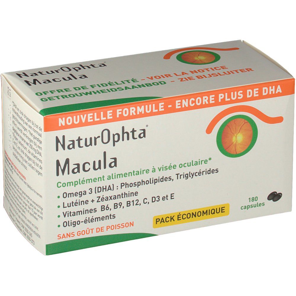 Doosje met productnaam en ingrediënten. Bevat 180 capsules. Opschrift: "Naturophta Macula".