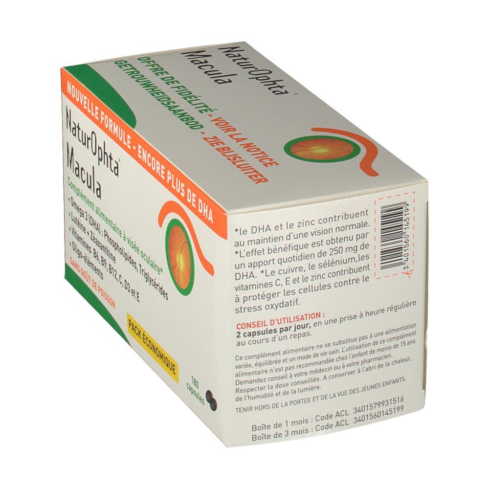 Schuine weergave van de verpakking met productinformatie. Bevat 180 capsules. Opschrift: "Naturophta Macula".