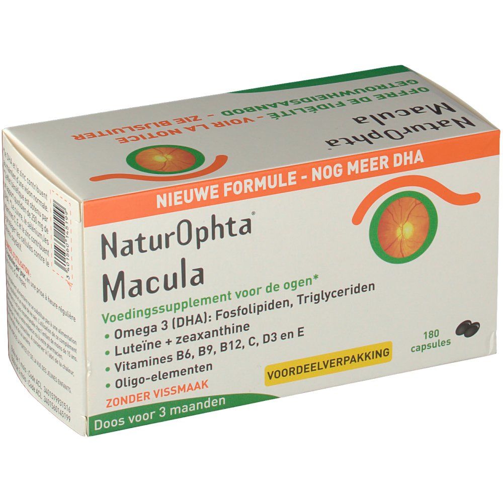 Doosje met productnaam en ingrediënten. Bevat 180 capsules. Opschrift: "Naturophta Macula".