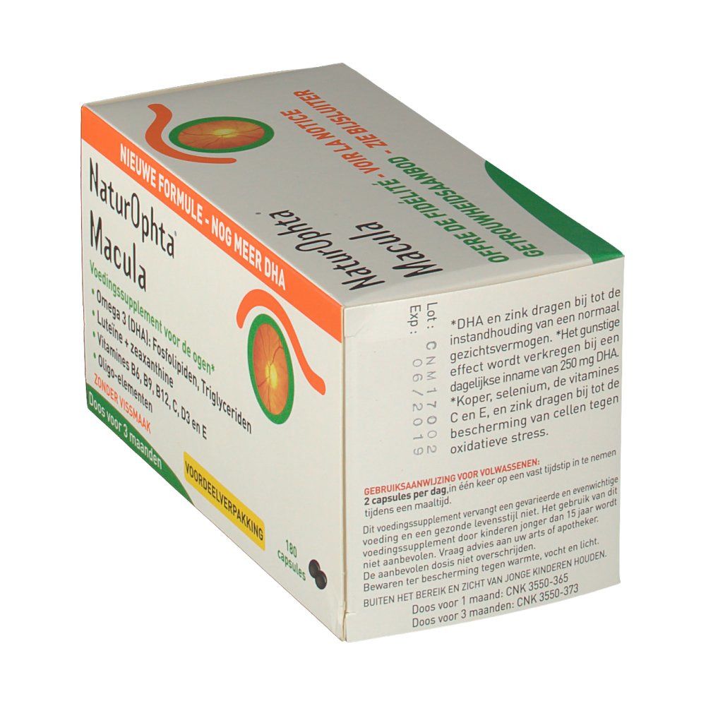 Schuine weergave van de verpakking met productinformatie. Bevat 180 capsules. Opschrift: "Naturophta Macula".