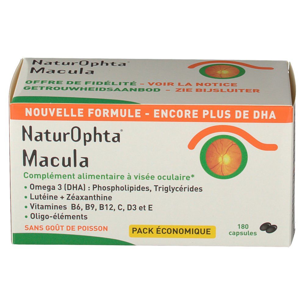 Doosje met productnaam en ingrediënten. Bevat 180 capsules. Opschrift: "Naturophta Macula".