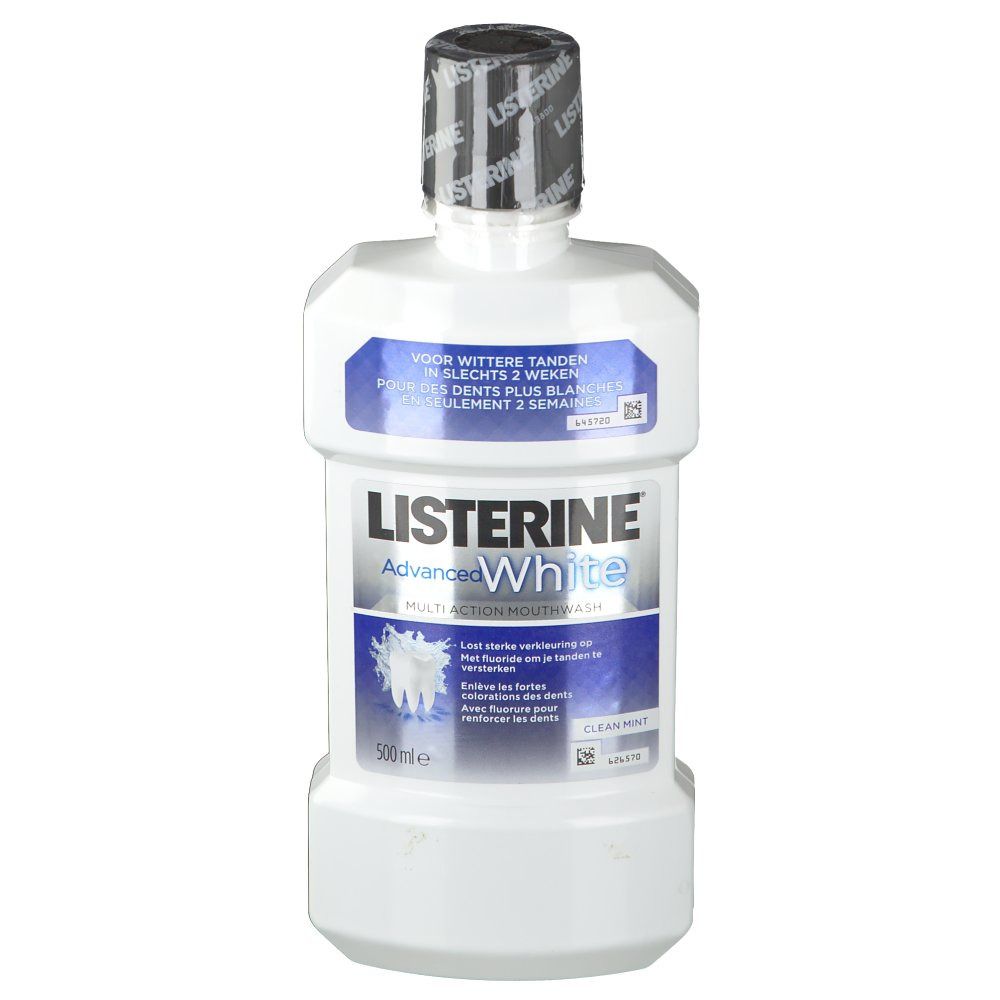 Weiße Flasche mit blauem Etikett. Aufschrift: LISTERINE Advanced White. Mundspülung.