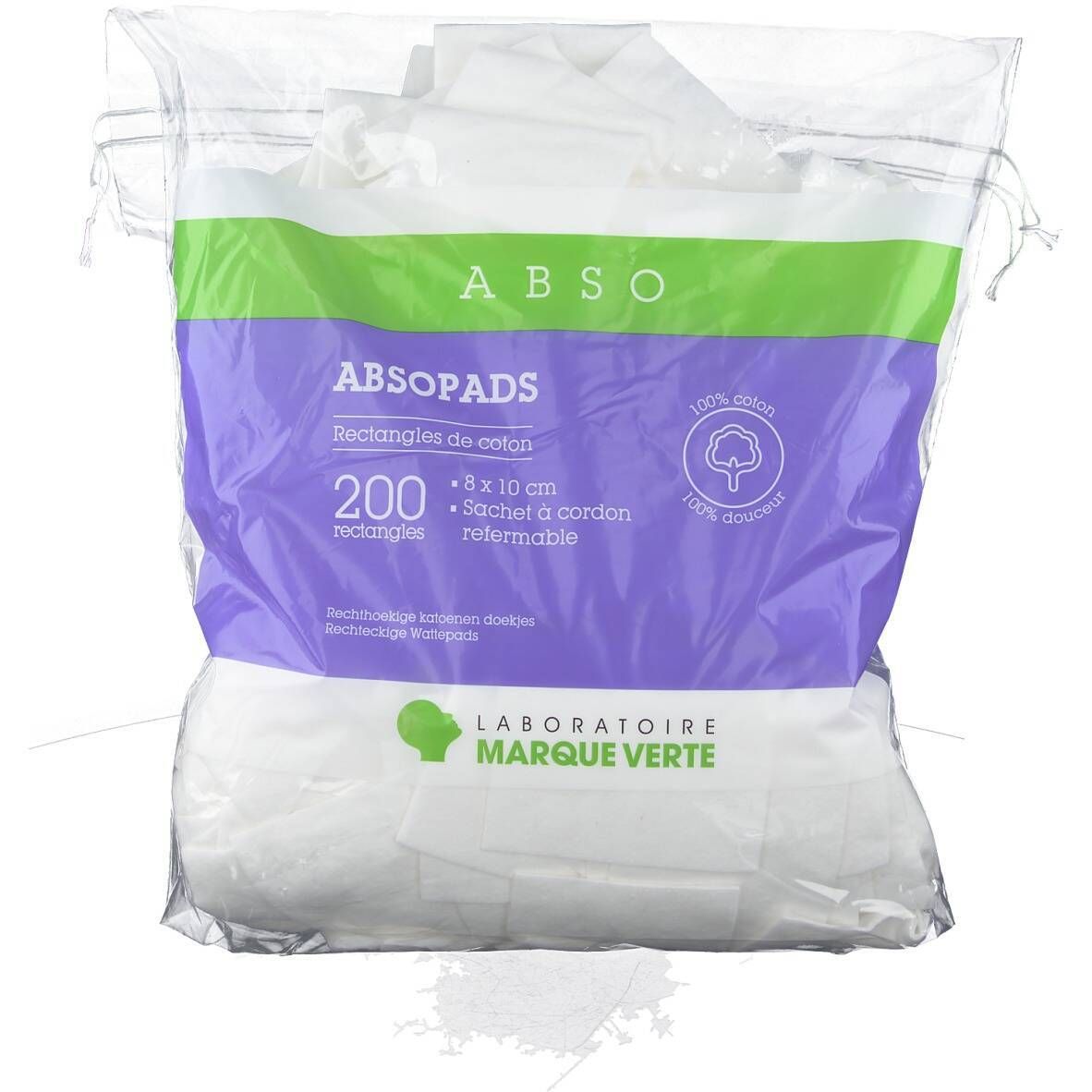 Paquet de rectangles absorbants ABSOPADS, 200 unités, 8 x 10 cm, 100% coton. Label: Laboratoire Marque Verte. Emballage transparent.