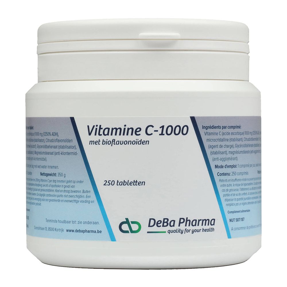 Boîte blanche 'Vitamine C-1000' avec bioflavonoïdes, 250 comprimés. Marque DeBa Pharma.