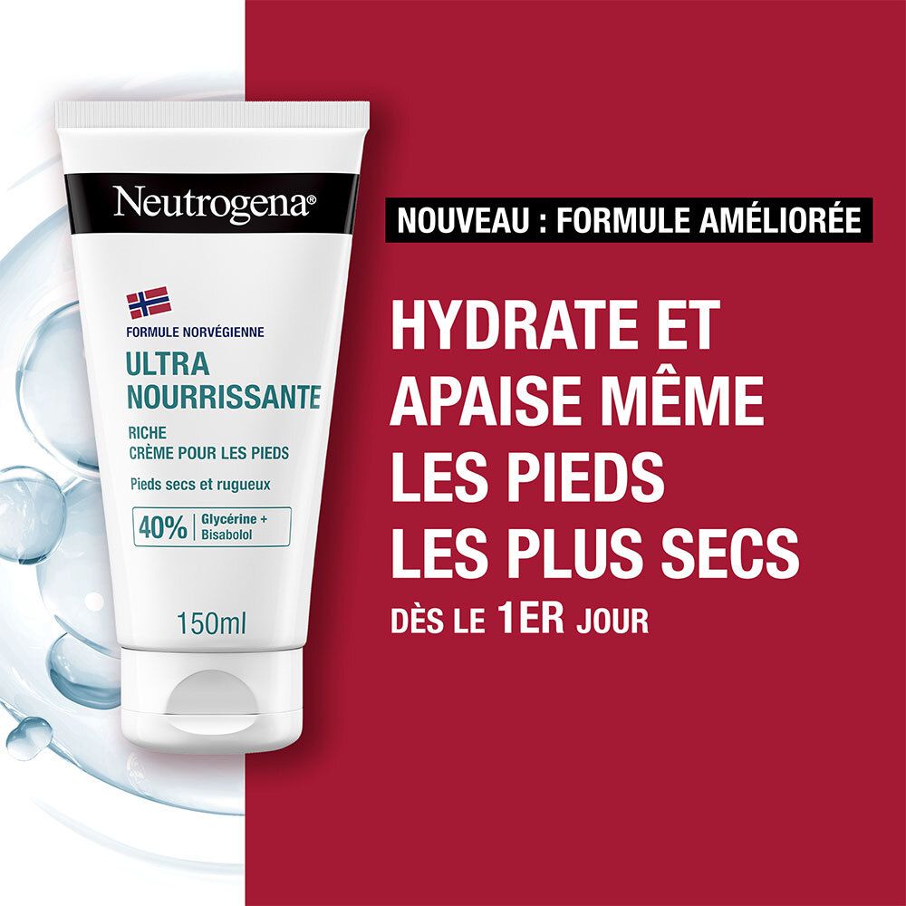 Werbung für Neutrogena® Fußcreme. Text: Hydrate et apaise même les pieds les plus secs dès le 1er jour.