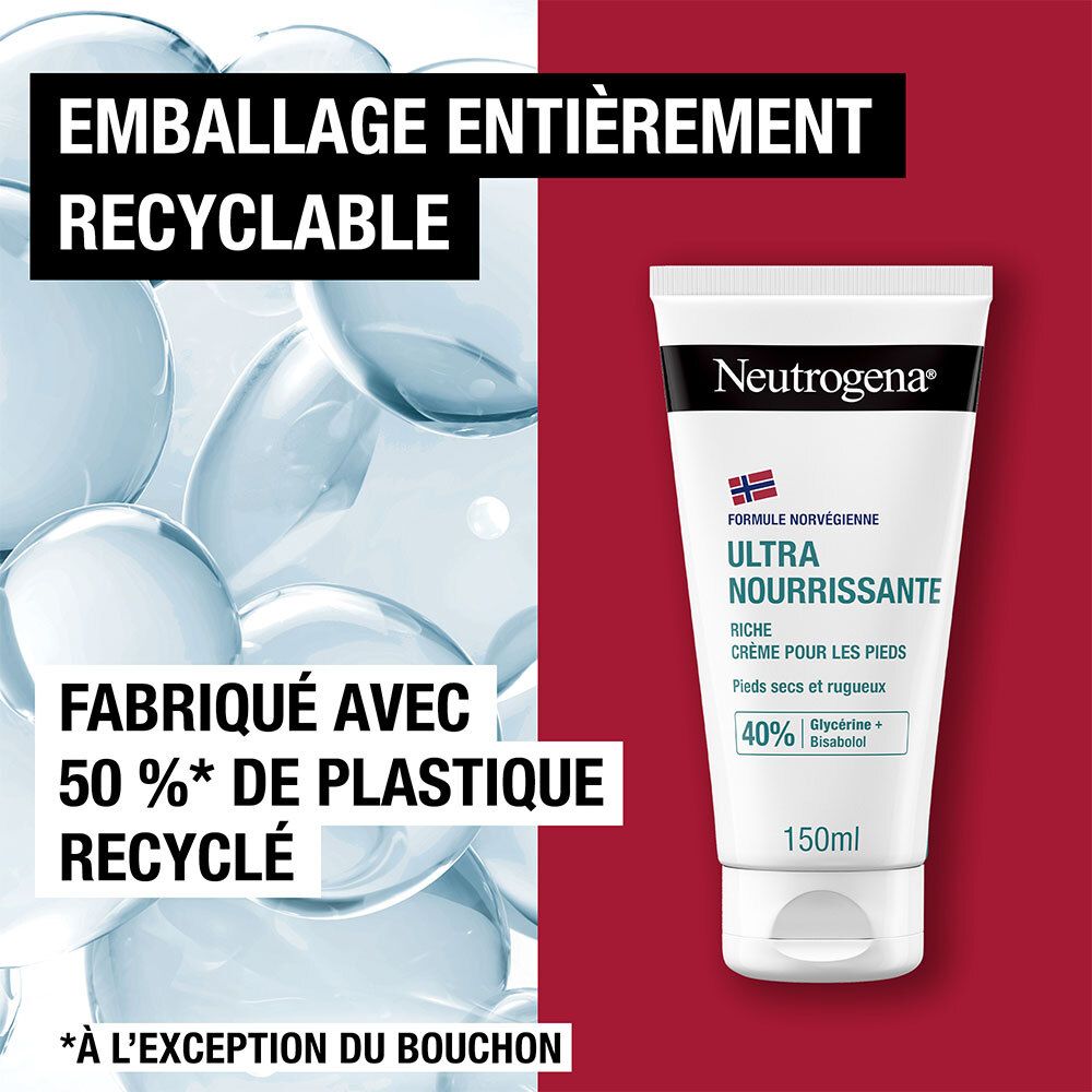 Tube Neutrogena® Fußcreme. Text: Emballage entièrement recyclable. Fabriqué avec 50 % de plastique recyclé.