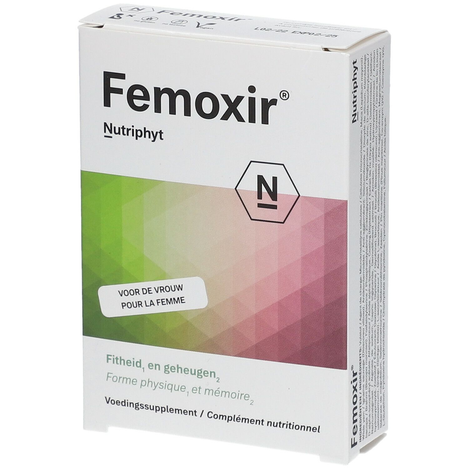 Boîte Femoxir, Nutriphyt. Dégradé vert et rose. Texte: Pour la femme. Complément nutritionnel.