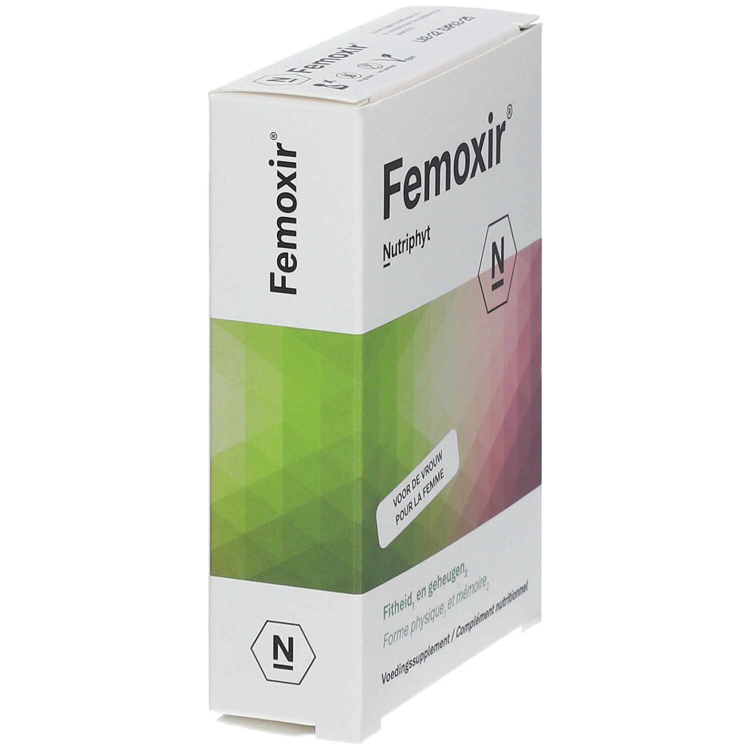 Boîte Femoxir, Nutriphyt. Dégradé vert-rose. Texte: Pour la femme. Complément nutritionnel. Emballage rectangulaire.