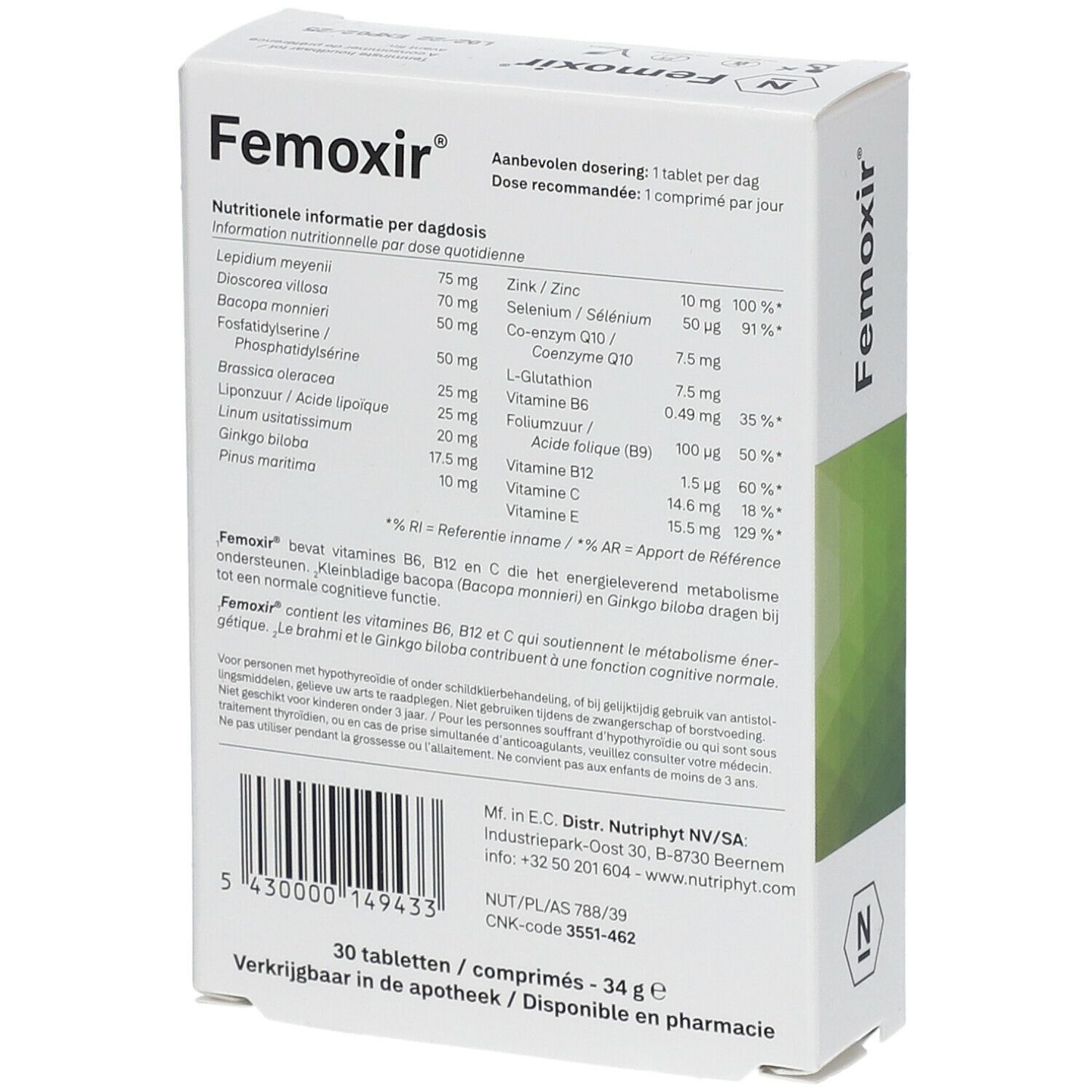 Dos de la boîte Femoxir. Ingrédients et informations nutritionnelles. Texte: 30 comprimés, 34 g.