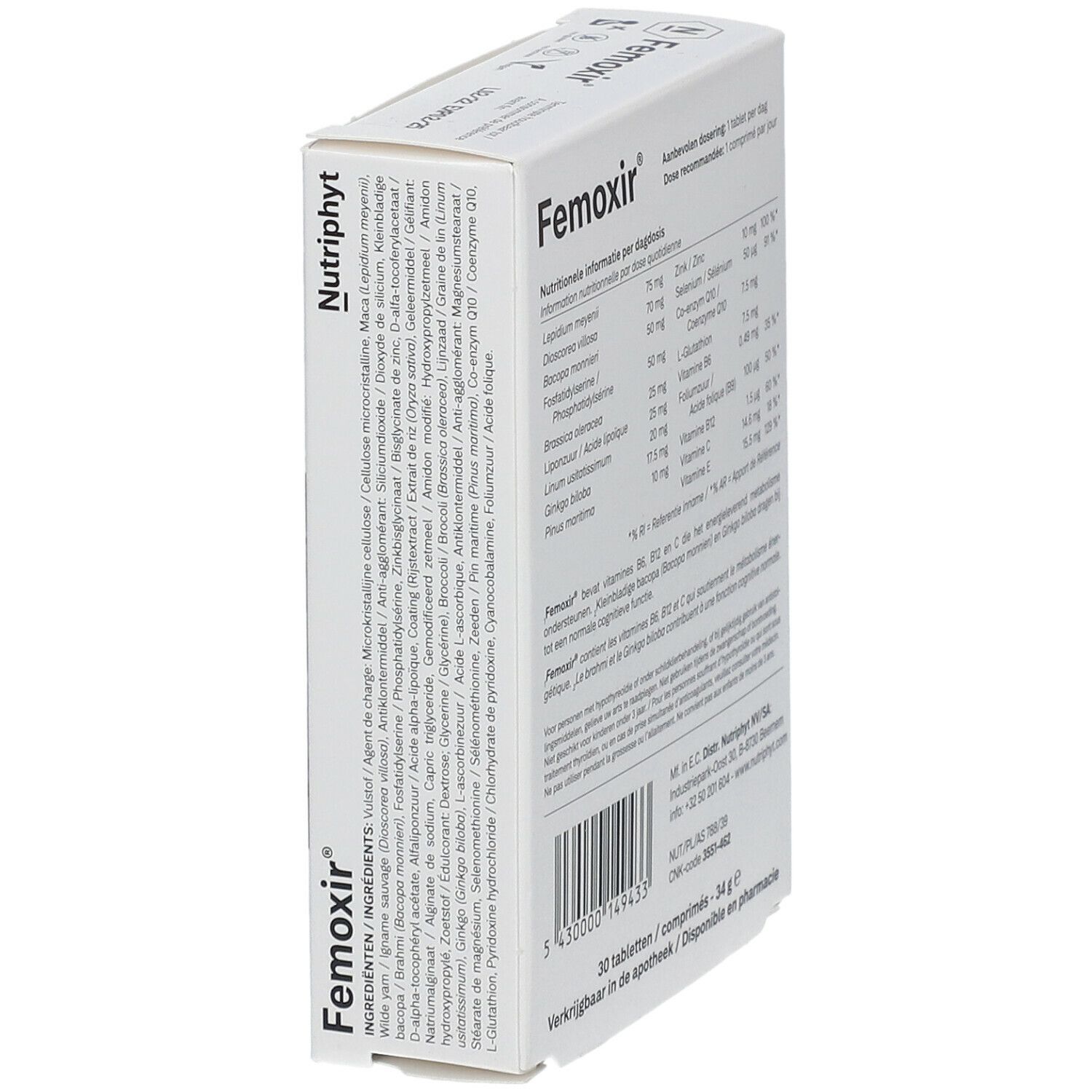 Côté de la boîte Femoxir. Ingrédients et informations nutritionnelles. Texte: 30 comprimés, 34 g.