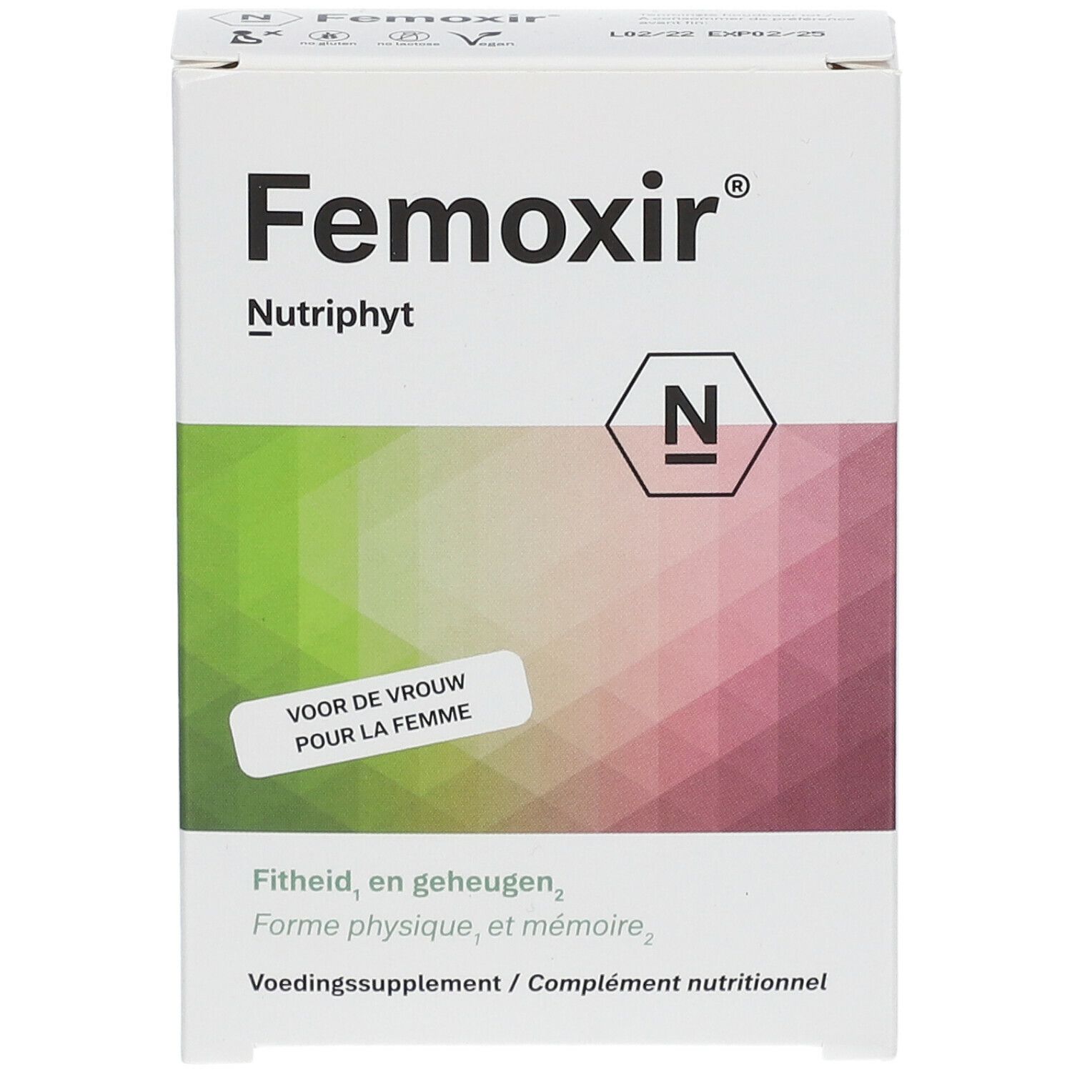 Boîte Femoxir, Nutriphyt. Dégradé vert-rose. Texte: Pour la femme. Complément nutritionnel. Emballage rectangulaire.