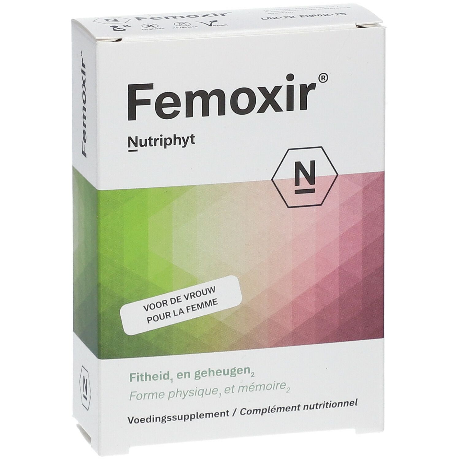 Boîte Femoxir, Nutriphyt. Dégradé vert-rose. Texte: Pour la femme. Complément nutritionnel. Emballage rectangulaire.