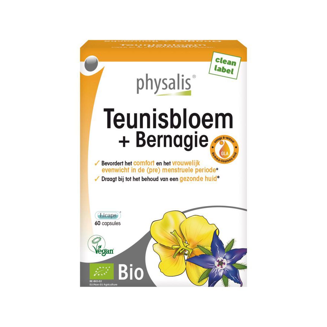 Doosje capsules. Opschrift: physalis® Teunisbloem + Bernagie. Bevat 60 capsules. Bio-certificering.