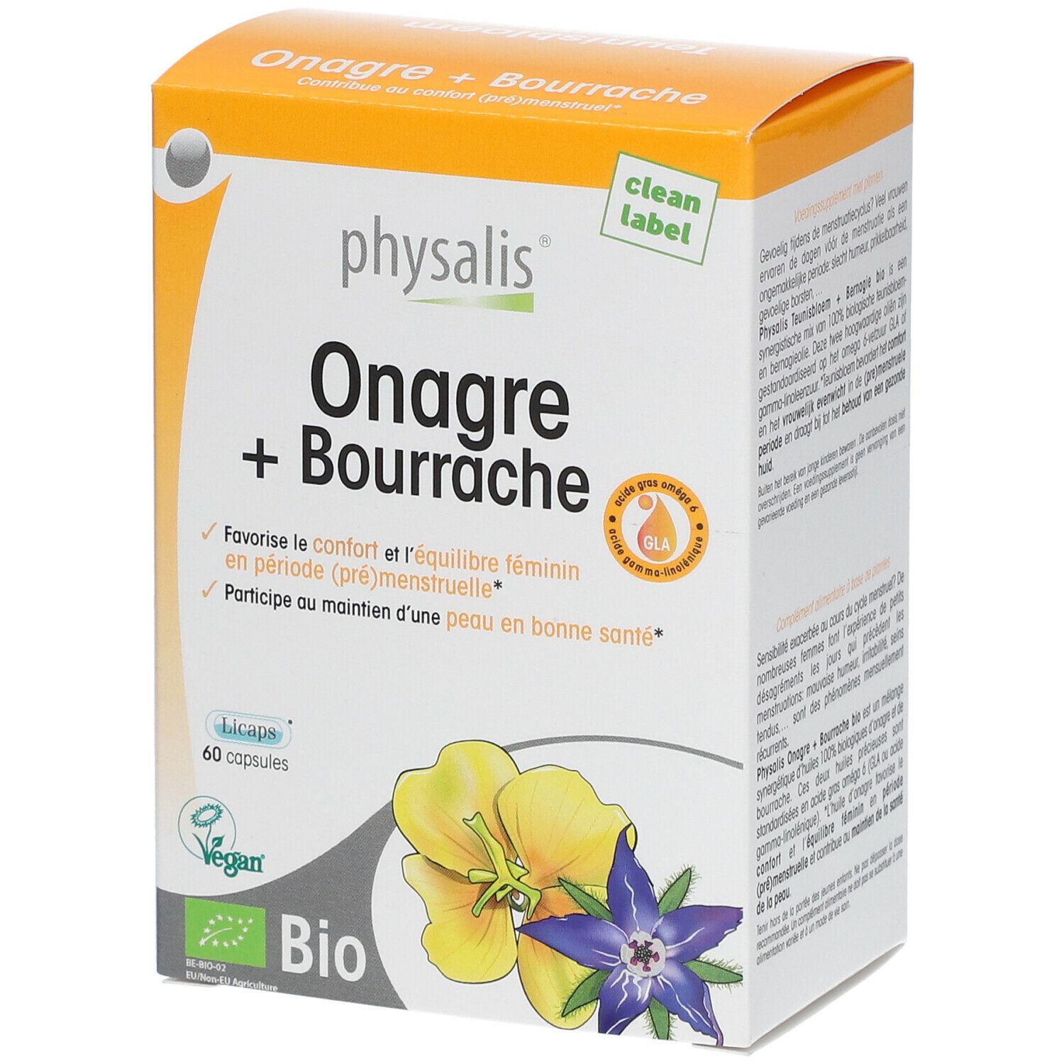 Doosje capsules. Opschrift: physalis® Onagre + Bourrache. Bevat 60 capsules. Bio-certificering.