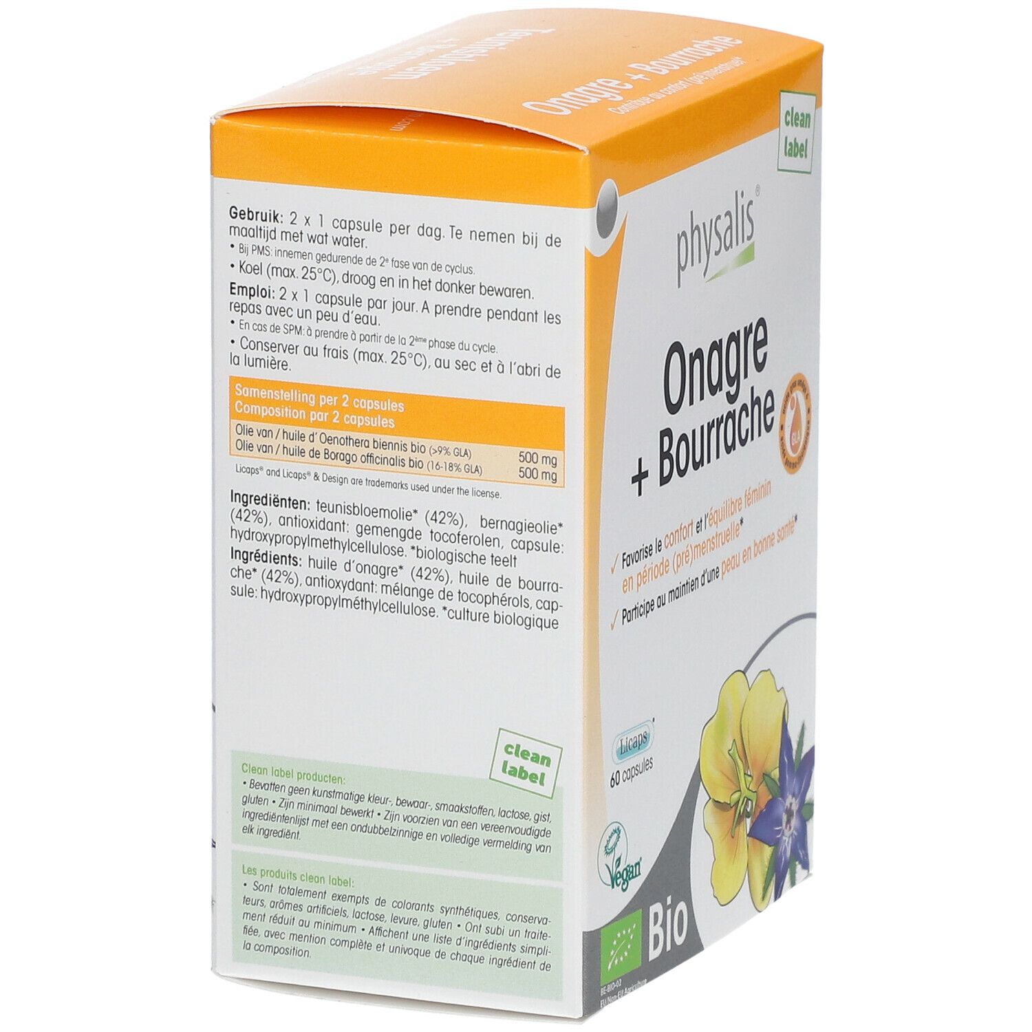 Achterkant van de doos met productinformatie. Opschrift: physalis® Onagre + Bourrache. Bevat 60 capsules. Bio-certificering.