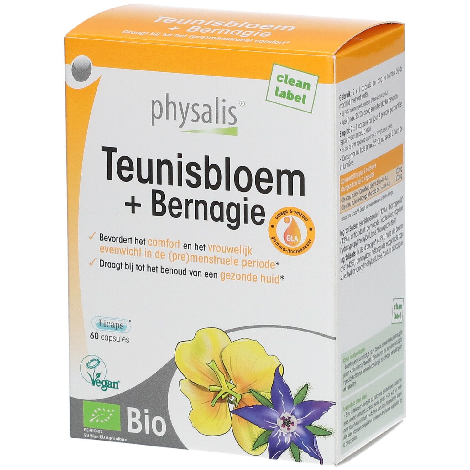 Doosje capsules. Opschrift: physalis® Teunisbloem + Bernagie. Bevat 60 capsules. Bio-certificering.
