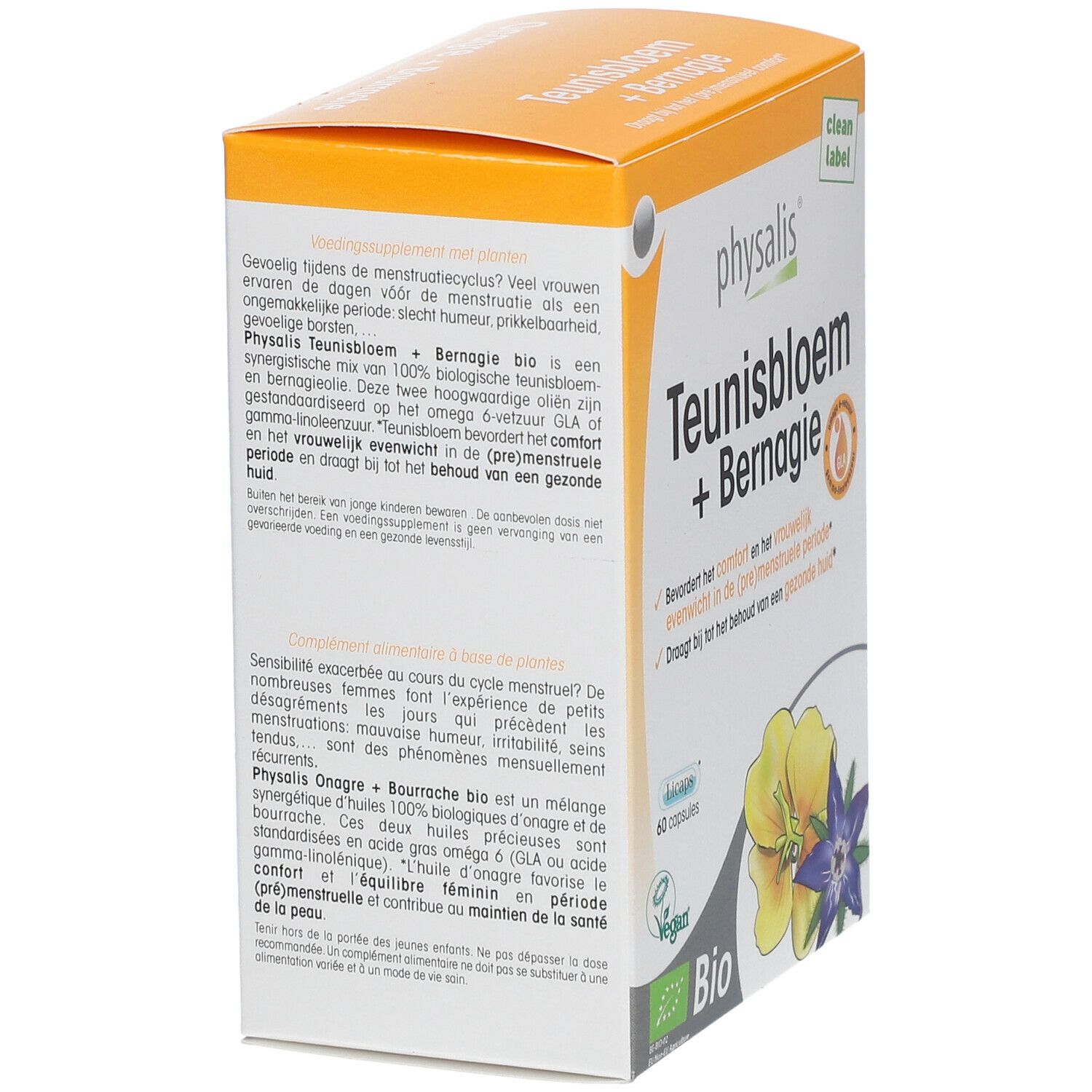 Achterkant van de doos met productinformatie. Opschrift: physalis® Teunisbloem + Bernagie. Bevat 60 capsules. Bio-certificering.