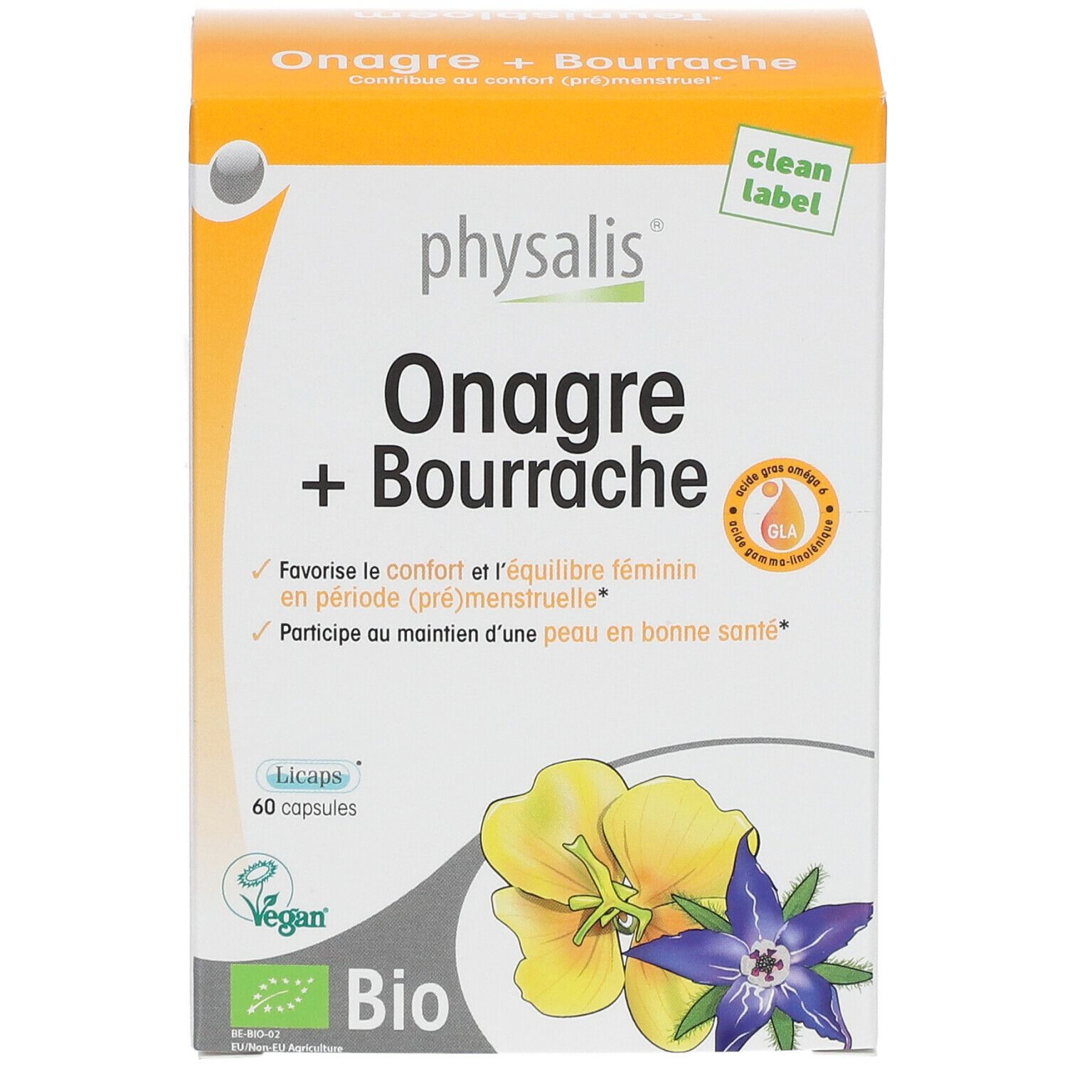 Doosje capsules. Opschrift: physalis® Onagre + Bourrache. Bevat 60 capsules. Bio-certificering.