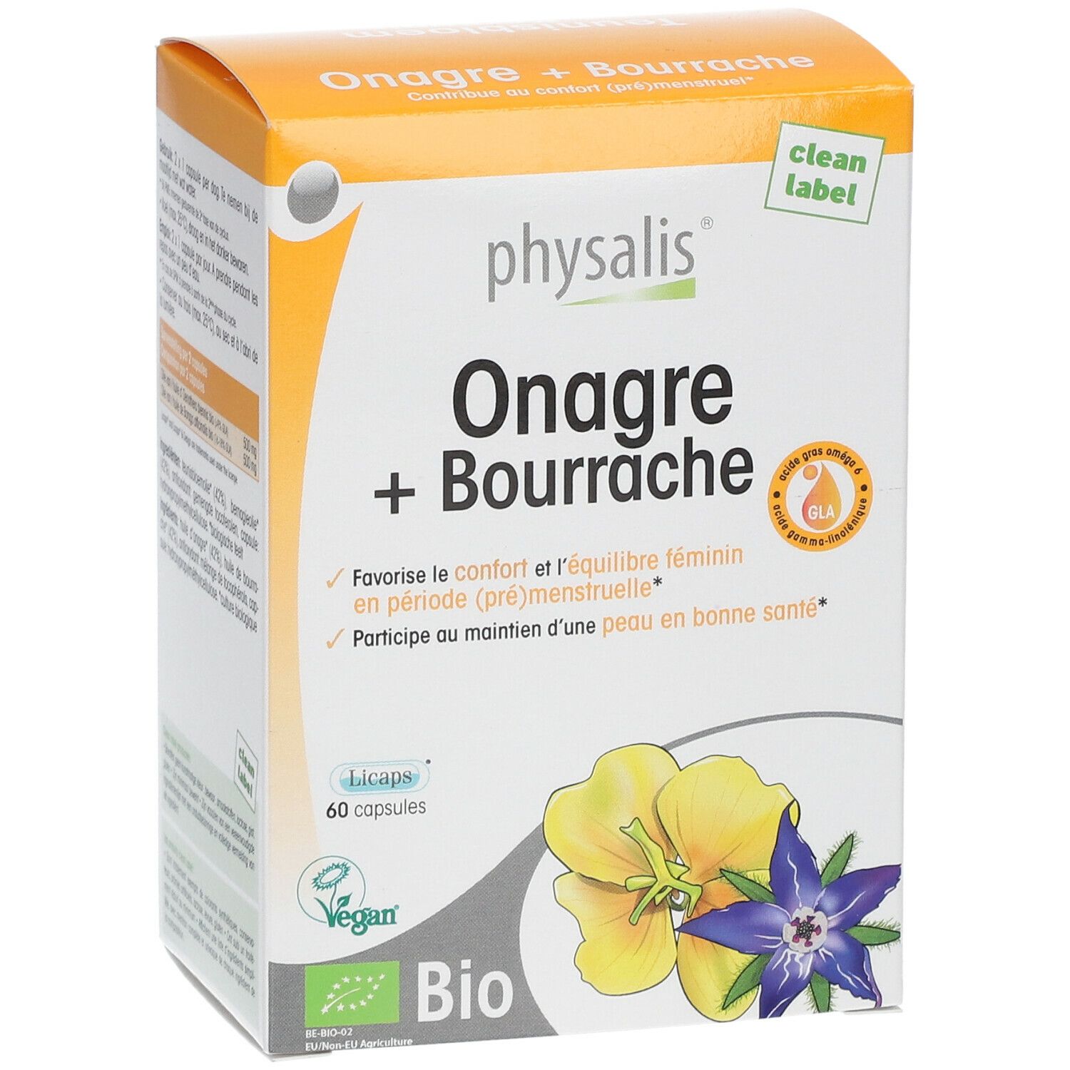 Doosje capsules. Opschrift: physalis® Onagre + Bourrache. Bevat 60 capsules. Bio-certificering.