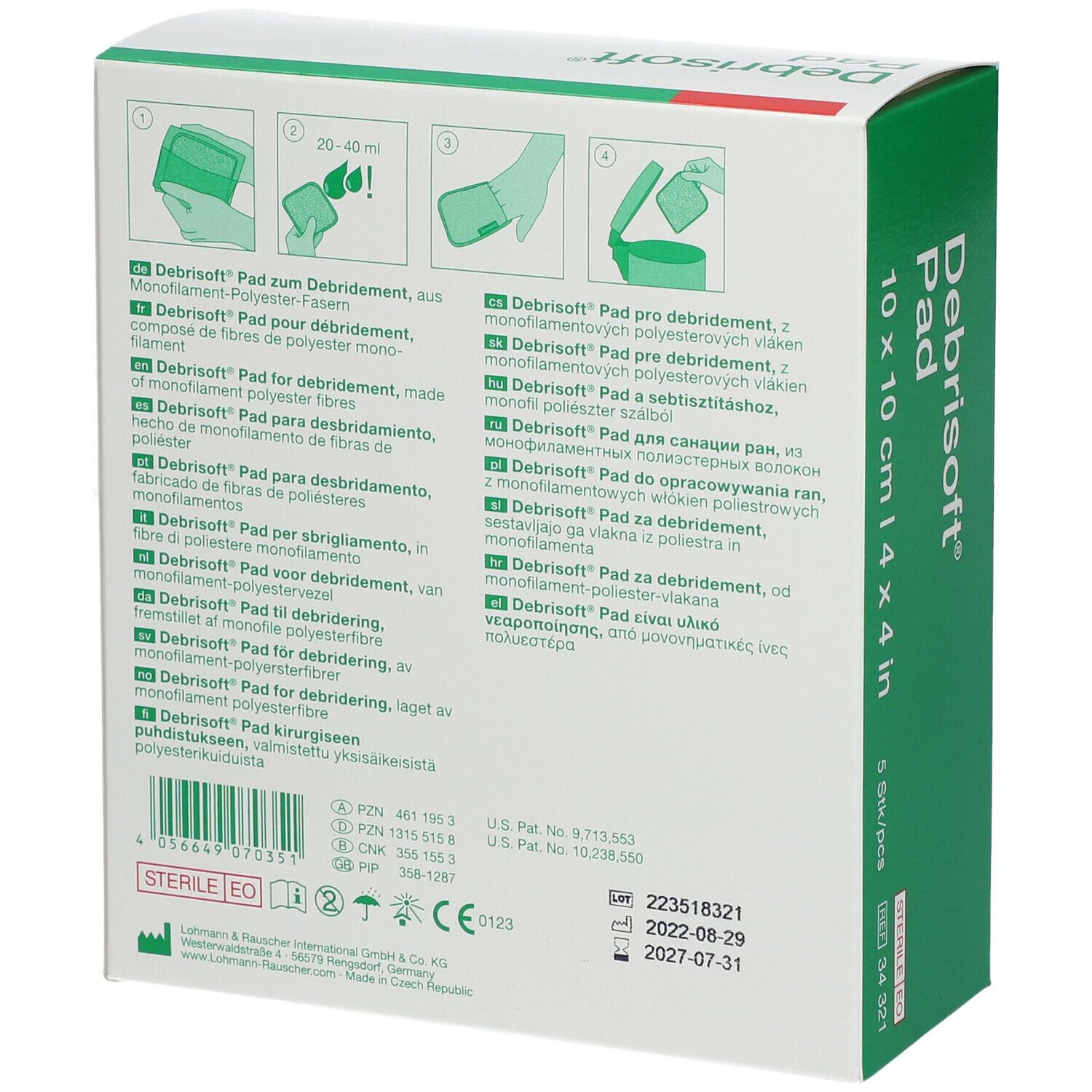 Dos de la boîte Debrisoft Pad. Informations et pictogrammes du produit.