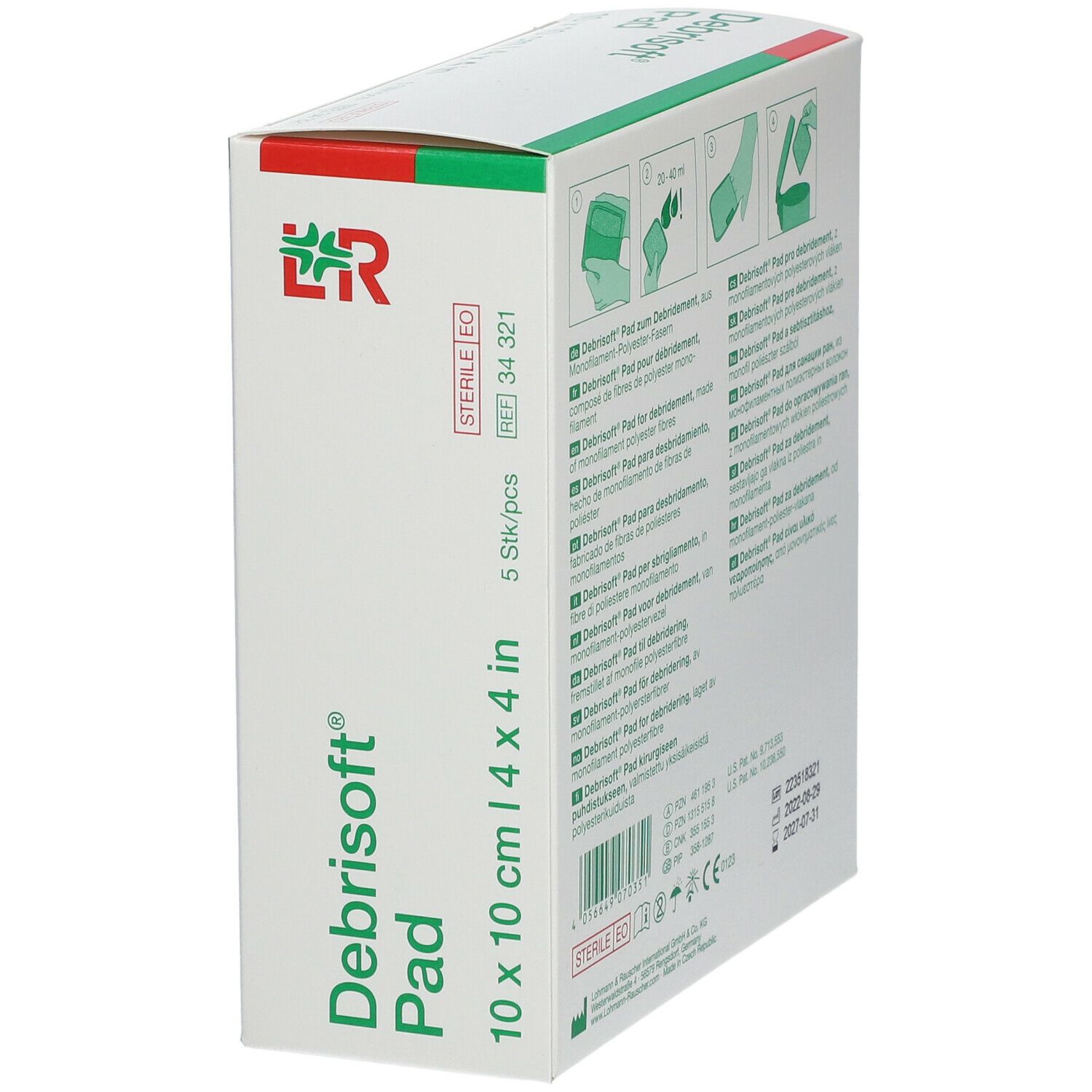 Boîte de Debrisoft Pad. 10 x 10 cm. 5 pièces. Stérile. Informations.