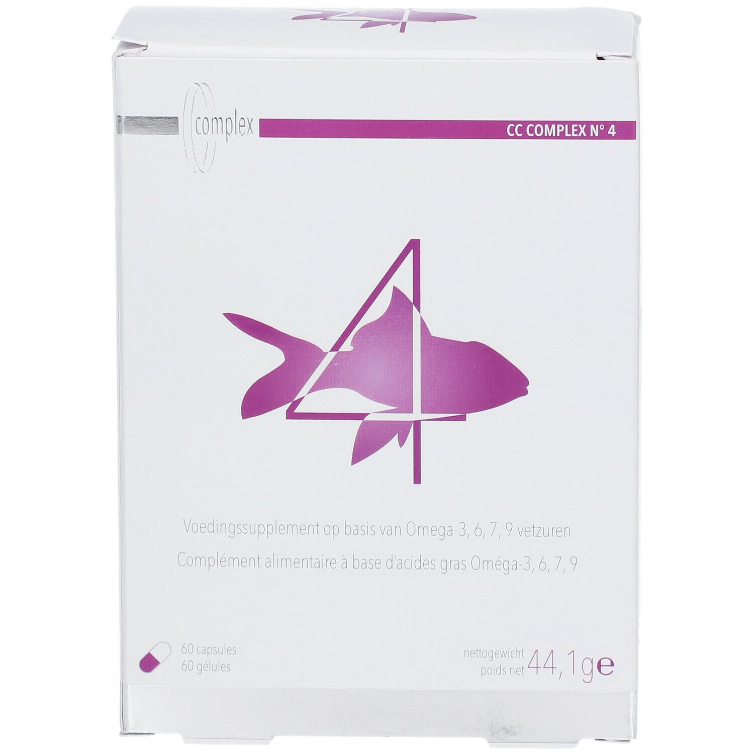 Witte doos met paars vislogo en tekst. "CC COMPLEX Nr. 4" en "60 capsules" zijn zichtbaar.