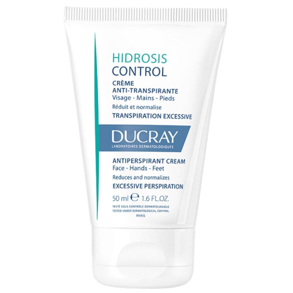 Tube de crème blanche avec texte bleu-vert. HIDROSIS CONTROL, crème anti-transpirante, 50 ml, DUCRAY.