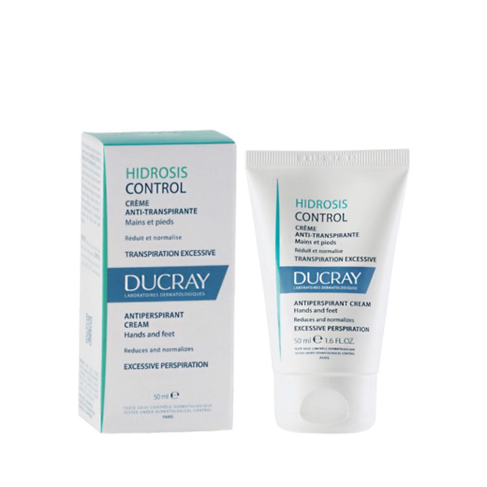 Emballage produit avec tube et boîte. Boîte: HIDROSIS CONTROL, crème, DUCRAY. Tube: HIDROSIS CONTROL, crème, 50 ml.