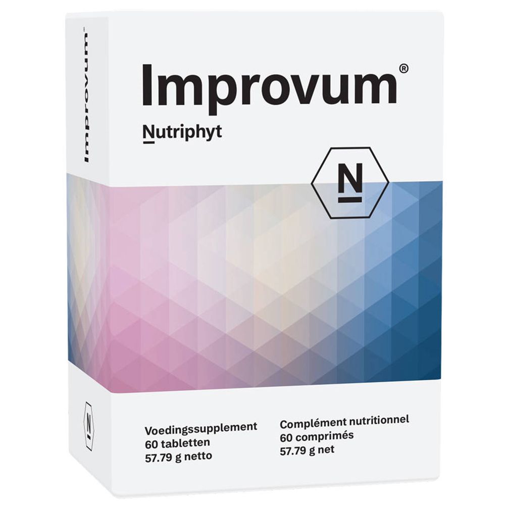 Boîte blanche avec "Improvum" et "Nutriphyt". Contient 60 comprimés. Logo "N".