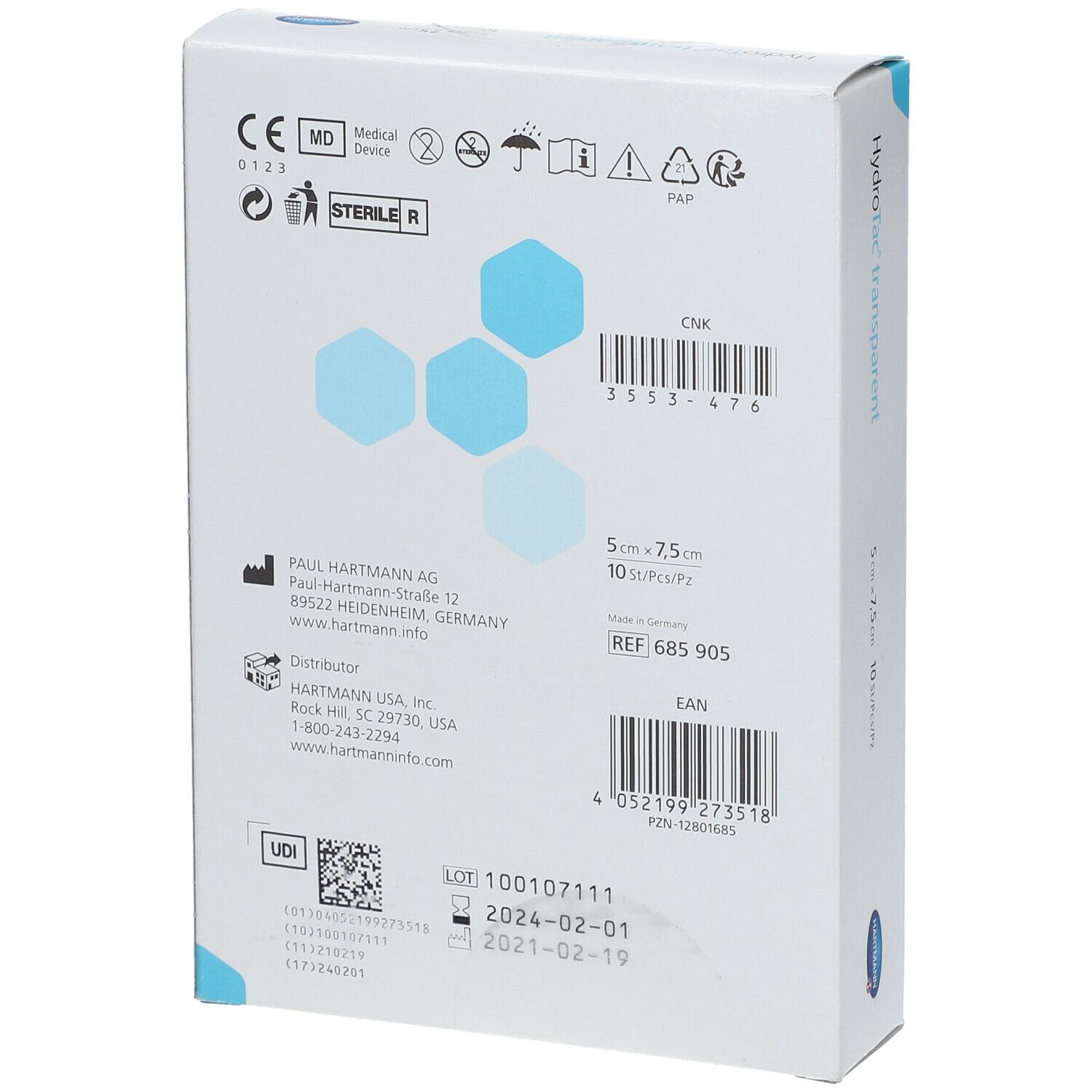 Achterkant van de Hartmann HydroTac transparent verpakking. Productinformatie, lotnummer, vervaldatum, barcode, logo.
