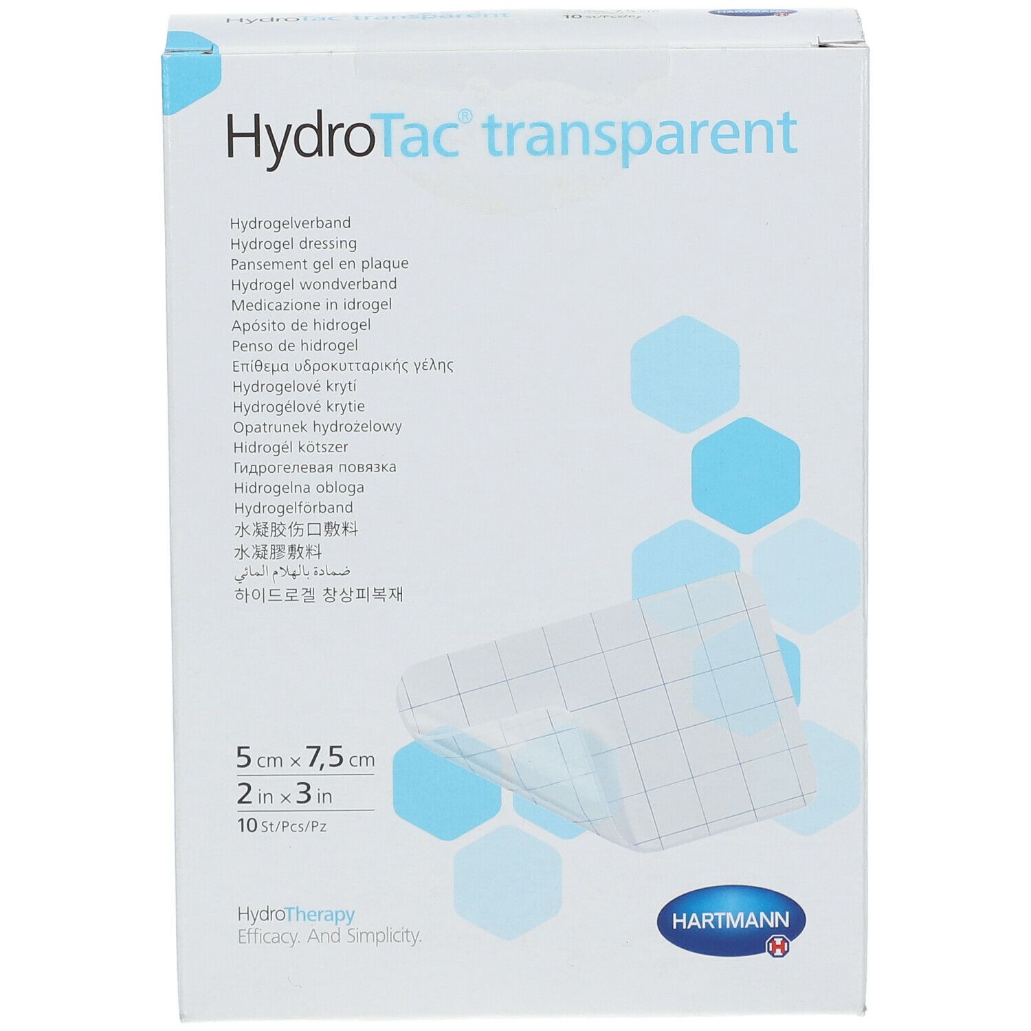 Hartmann HydroTac transparent verpakking. 5x7,5cm. 10 stuks. Hydrogelverband. Transparant verband. Hartmann logo.