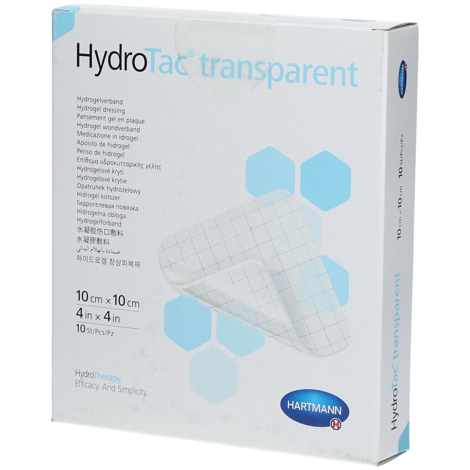 Verpakking HydroTac transparent. Opschrift: 10x10cm, 10 st/st. Hartmann logo. Productnaam en kenmerken.