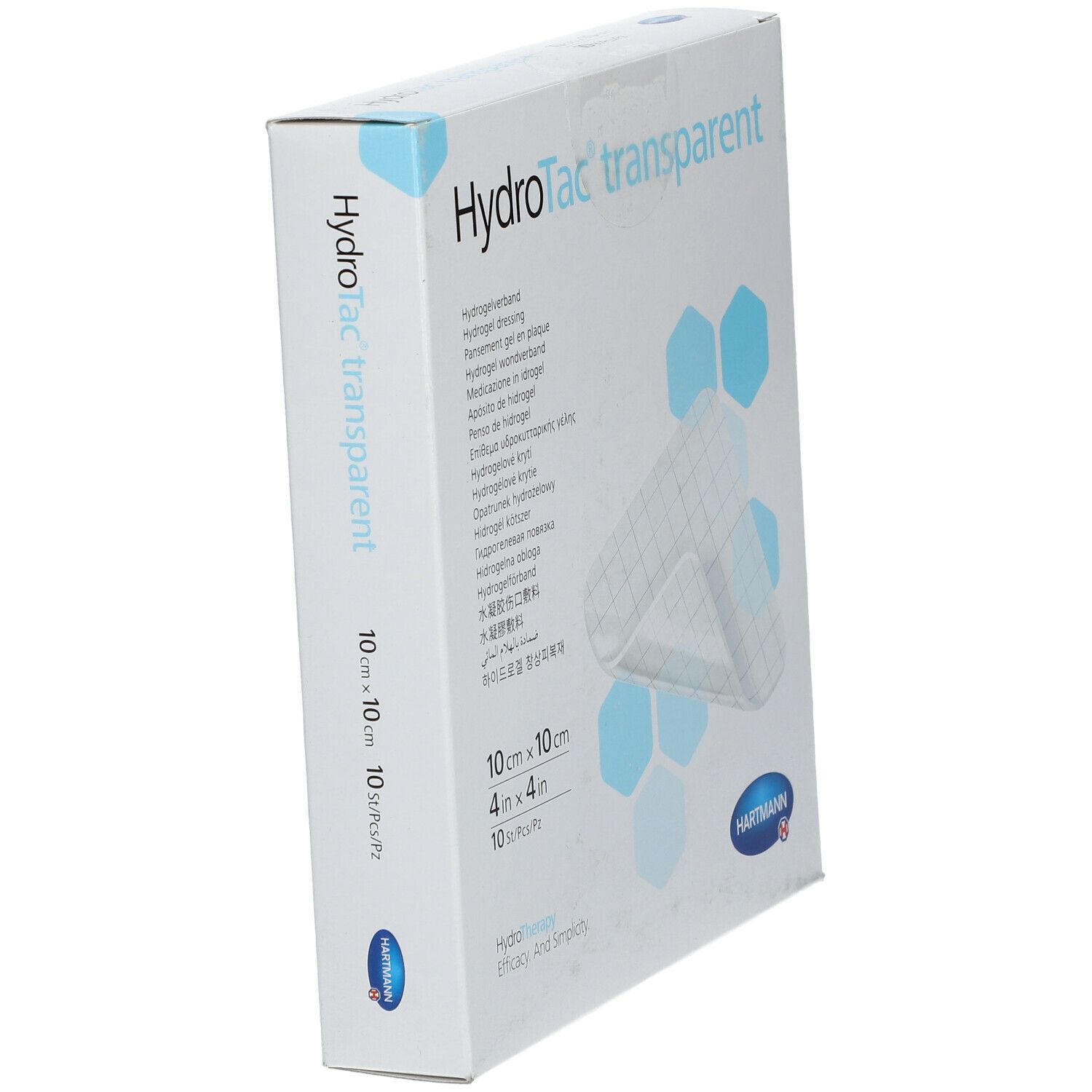 Schuine verpakking HydroTac transparent. Opschrift: 10x10cm, Hartmann logo. Productnaam en kenmerken.