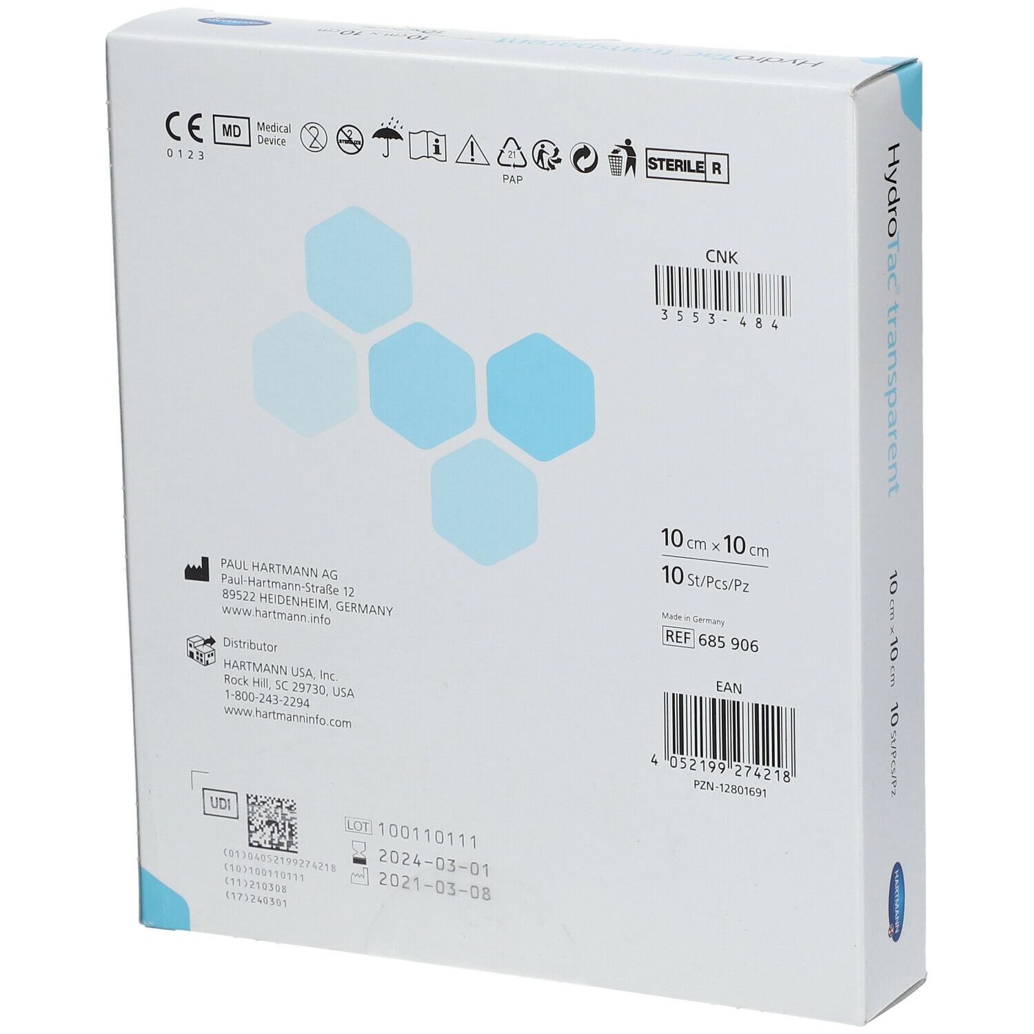 Achterkant verpakking HydroTac transparent. Opschrift: 10x10cm, 10 st/st, CE-markering, fabrikantenadres, EAN-code.