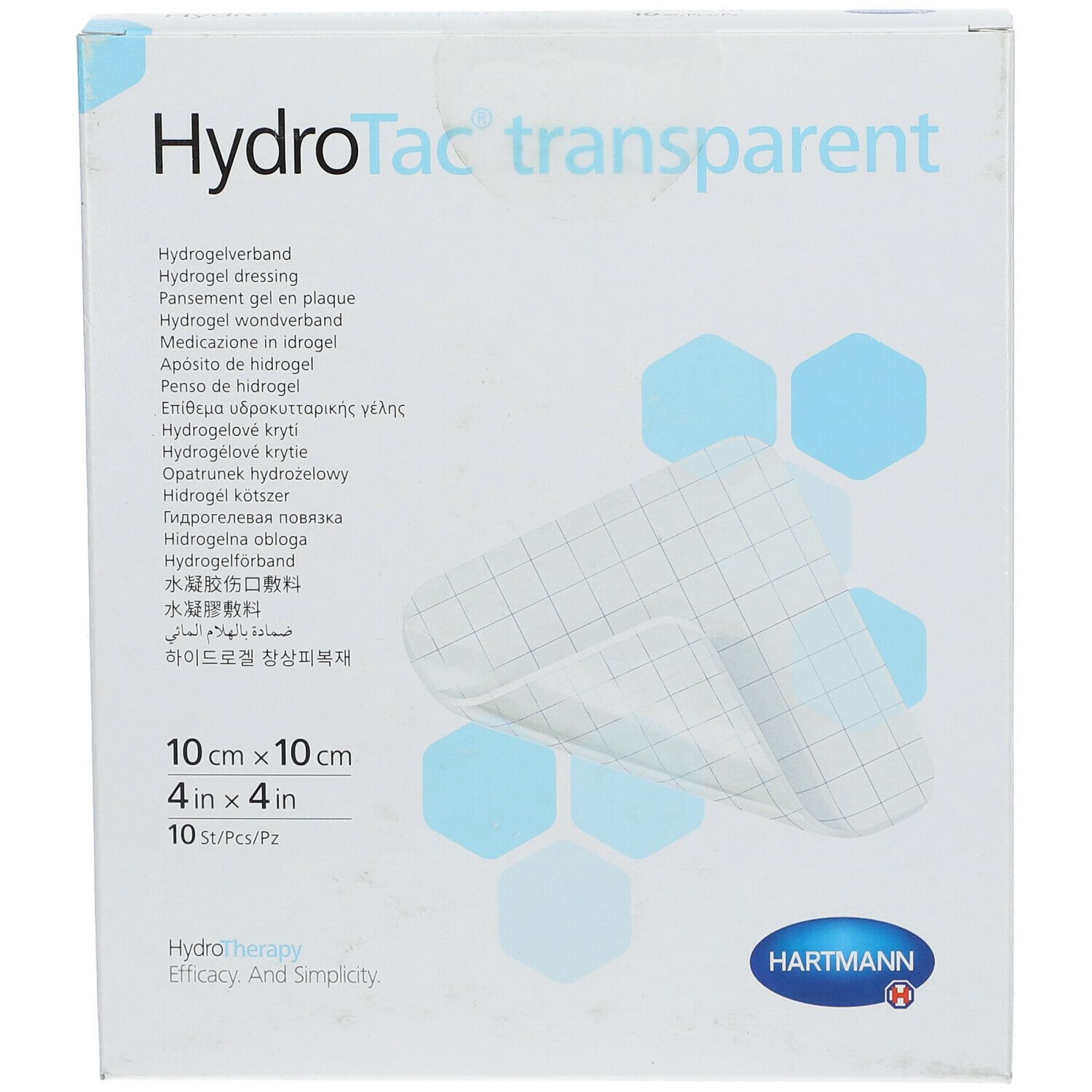 Verpakking HydroTac transparent. Opschrift: 10x10cm, 10 st/st. Hartmann logo. Productnaam en kenmerken.