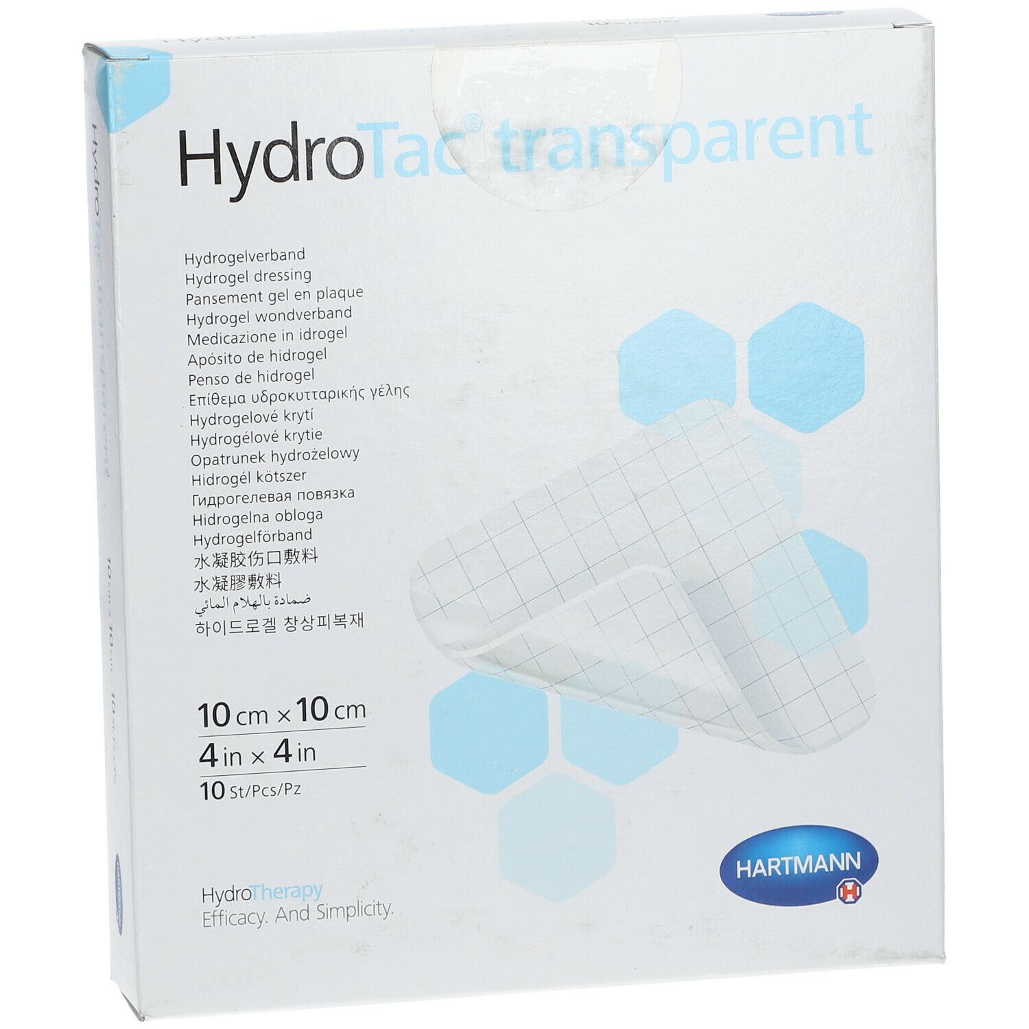 Verpakking HydroTac transparent. Opschrift: 10x10cm, 10 st/st. Hartmann logo. Productnaam en kenmerken.