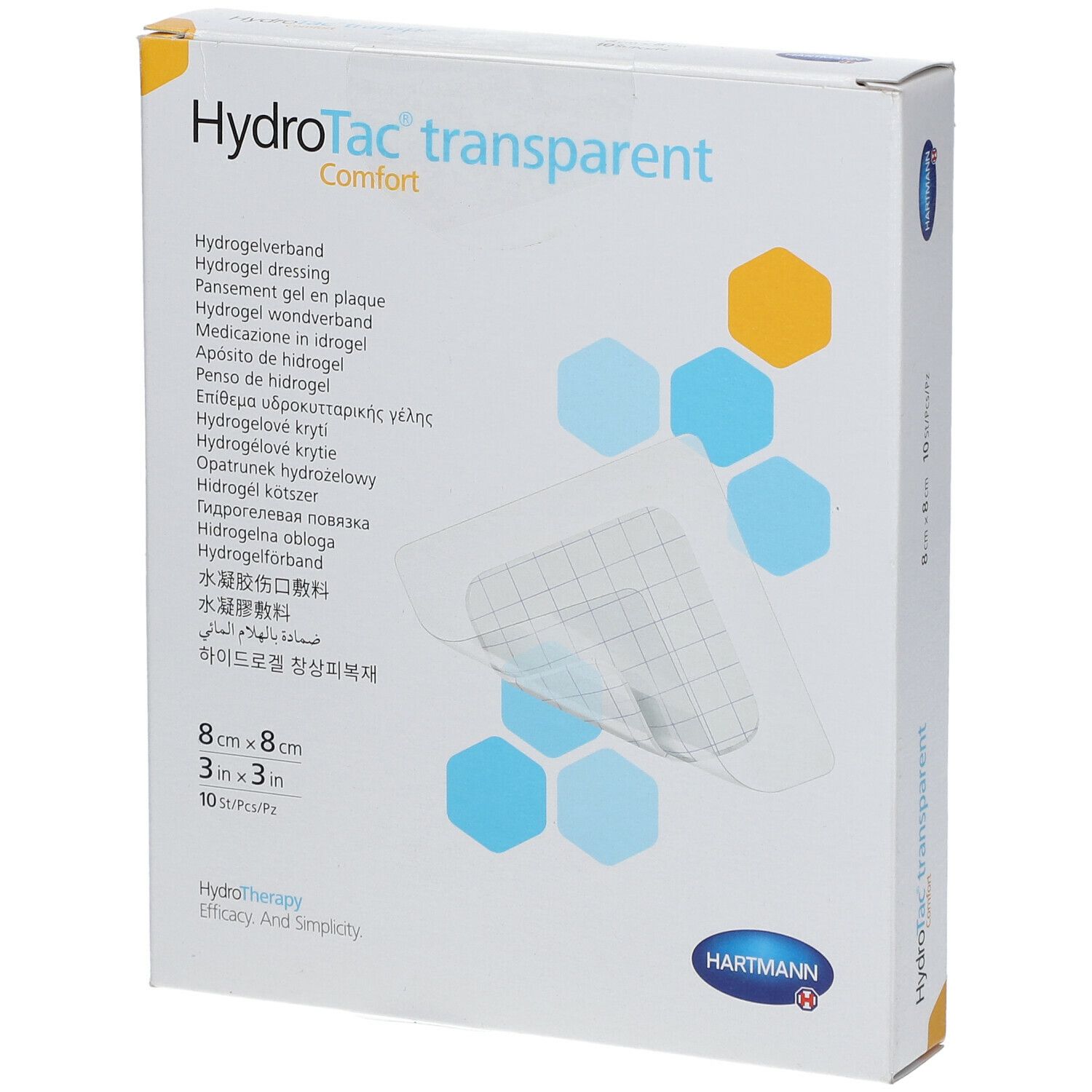 Verpakking van HydroTac transparent. Opschrift: 8 cm x 8 cm, 10 stuks. Merk: Hartmann. Productnaam: Hydrogel wondverband.