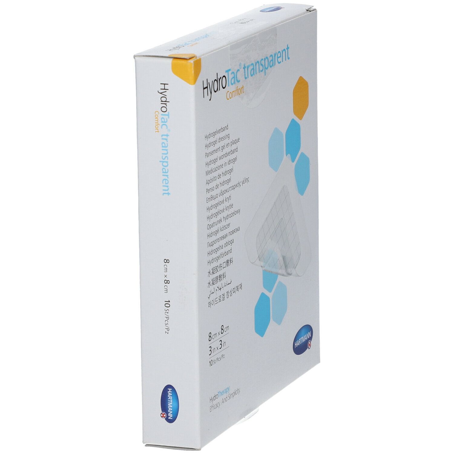 Schuinstaande verpakking van HydroTac transparent. Opschrift: 8 cm x 8 cm, 10 stuks. Merk: Hartmann. Productnaam: Hydrogel wondverband.