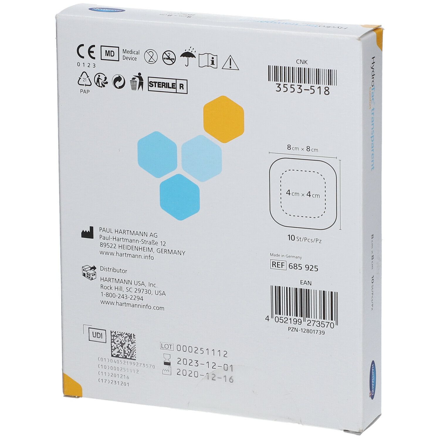 Achterkant van de HydroTac transparent verpakking. Informatie over fabrikant, lotnummer, vervaldatum en certificeringen.