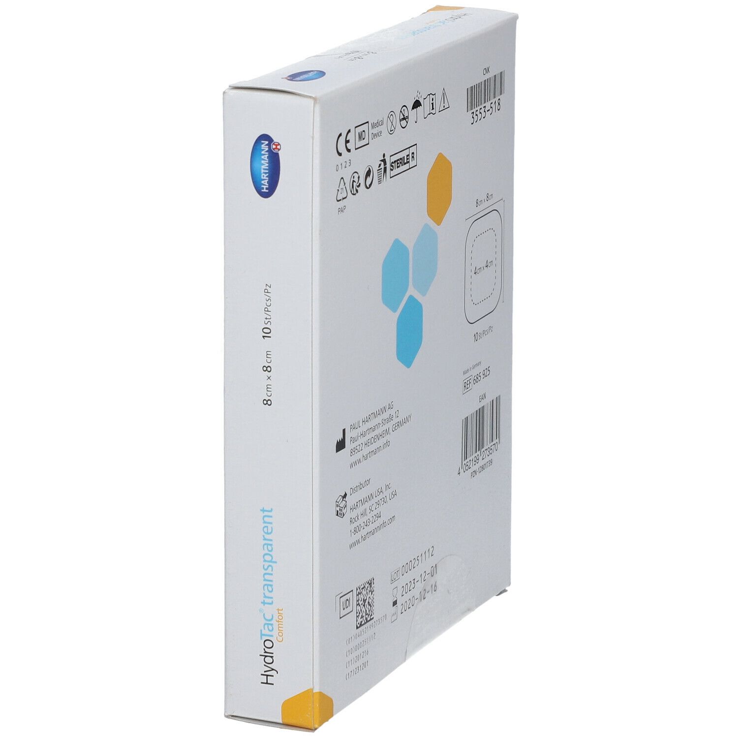 Schuinstaande verpakking van HydroTac transparent. Achterkant met fabrikantgegevens, lotnummer en certificeringen.