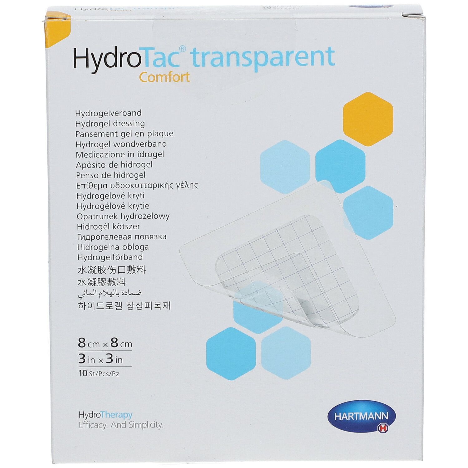 Verpakking van HydroTac transparent. Opschrift: 8 cm x 8 cm, 10 stuks. Merk: Hartmann. Productnaam: Hydrogel wondverband.