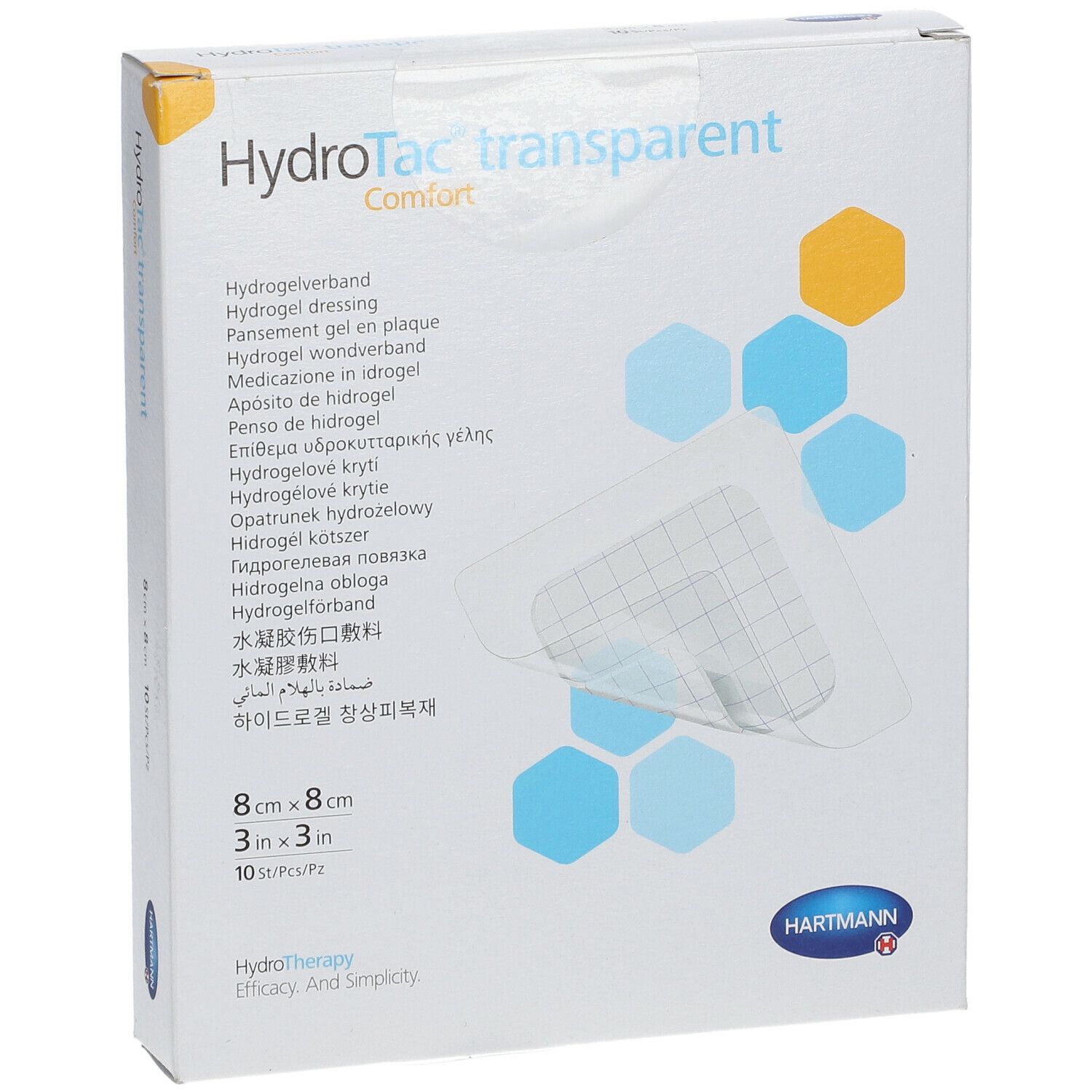 Verpakking van HydroTac transparent. Opschrift: 8 cm x 8 cm, 10 stuks. Merk: Hartmann. Productnaam: Hydrogel wondverband.
