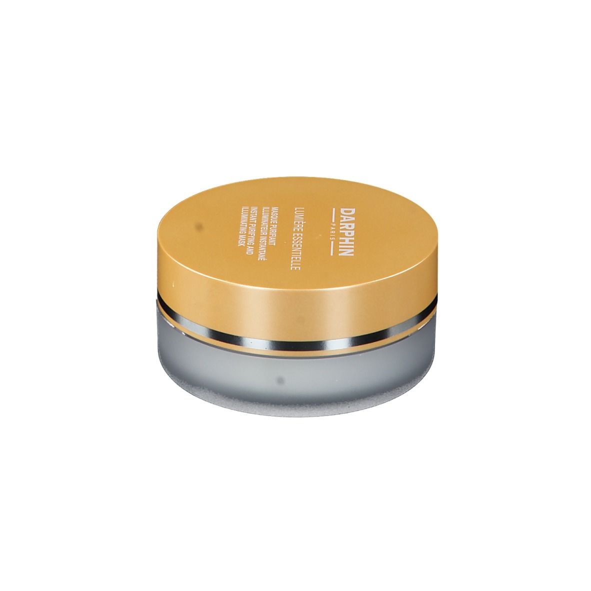 Ronde pot met gouden deksel. Opschrift: DARPHIN, LUMIÈRE ESSENTIELLE. Masker.