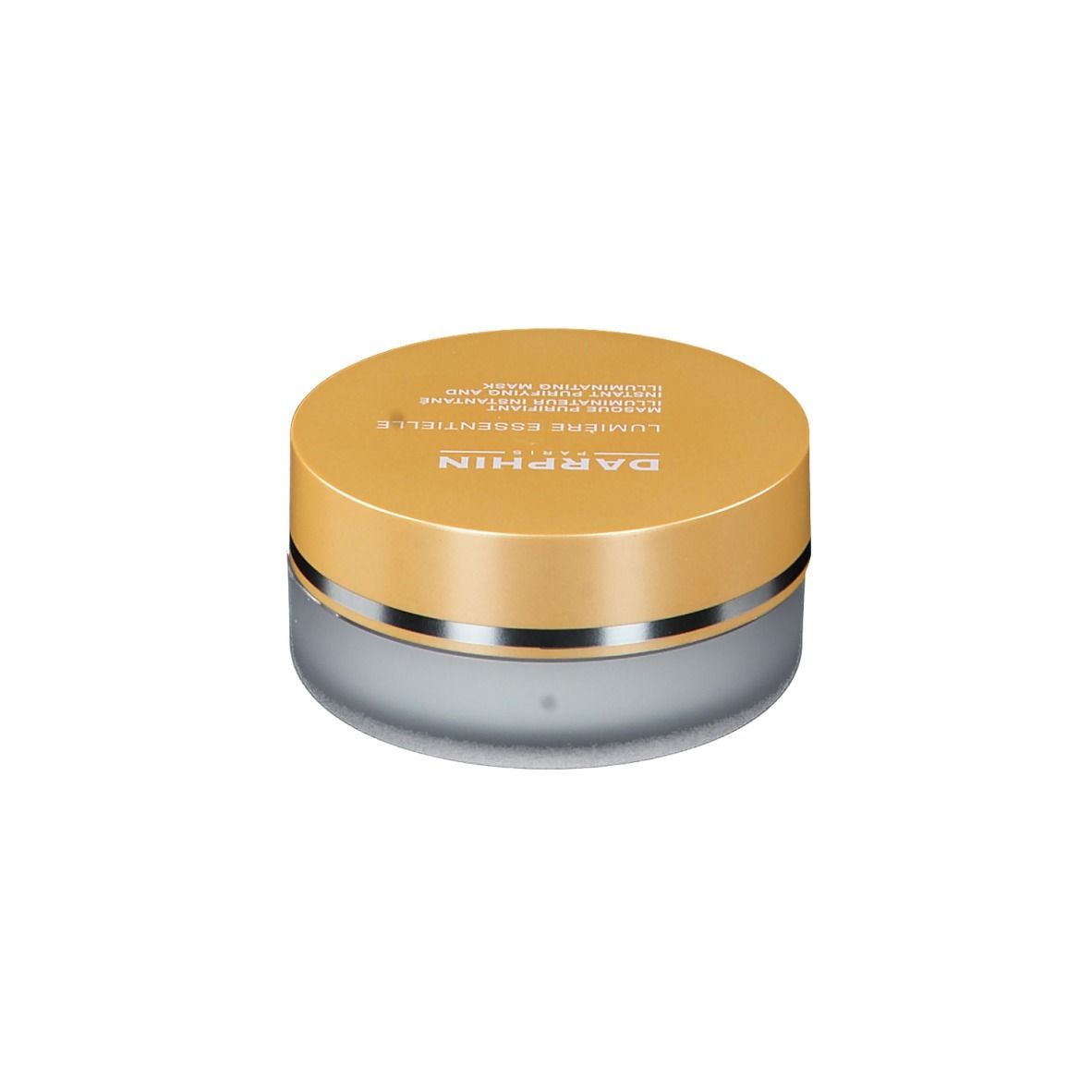 Ronde pot met gouden deksel. Opschrift: DARPHIN, LUMIÈRE ESSENTIELLE. Masker.